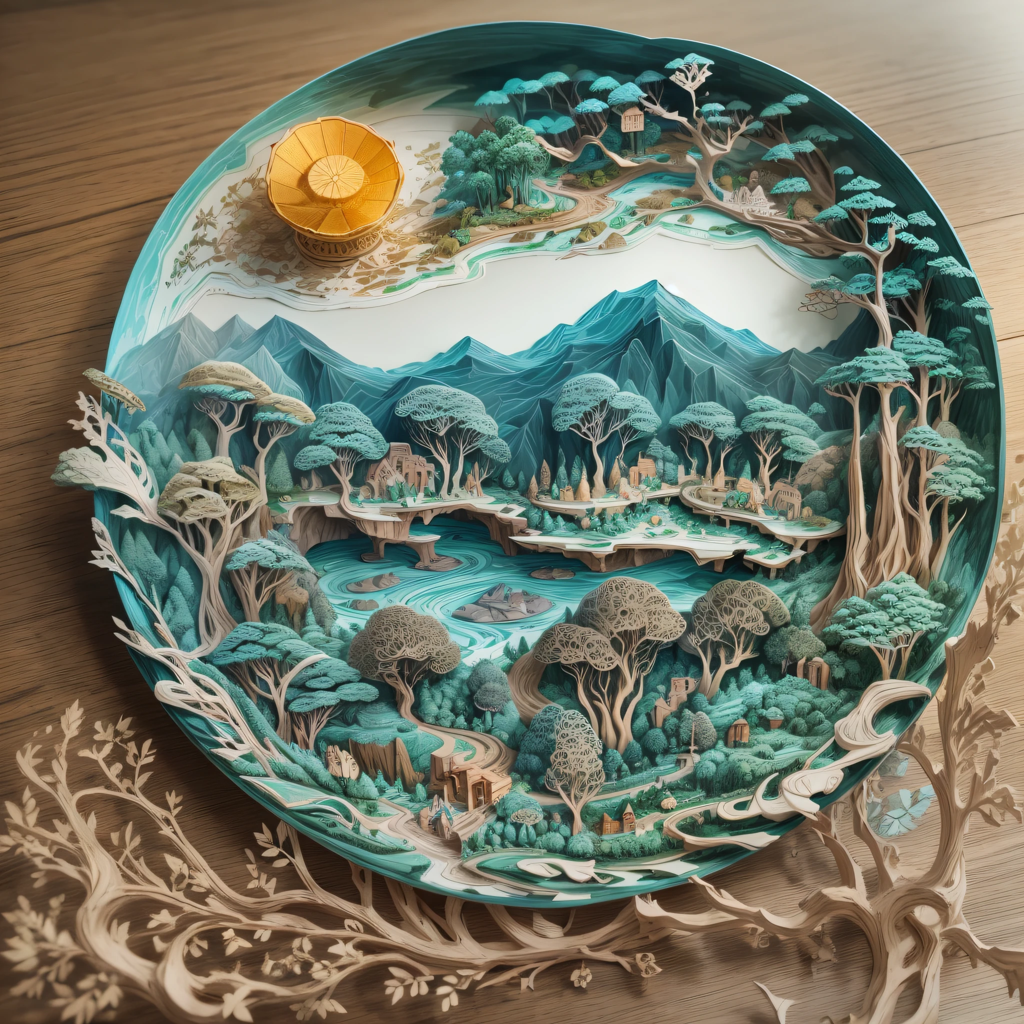 On a plate,(Paper carving):Dream landscape painting