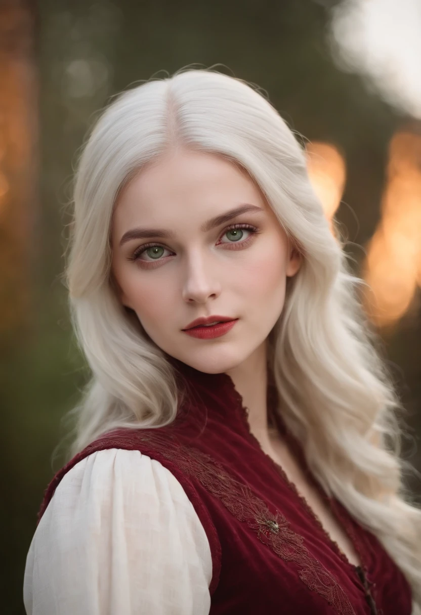 (((a deep reddish wound crosses her left cheek))) fair complexion, woman around 19 years old, natural white hair, distinctive green eyes, wearing kohl, slender and graceful, beautiful, candlelight in a medieval setting, ultra sharp focus, realistic shot, medieval female clothes, tetradic colors (scar:1.4)
