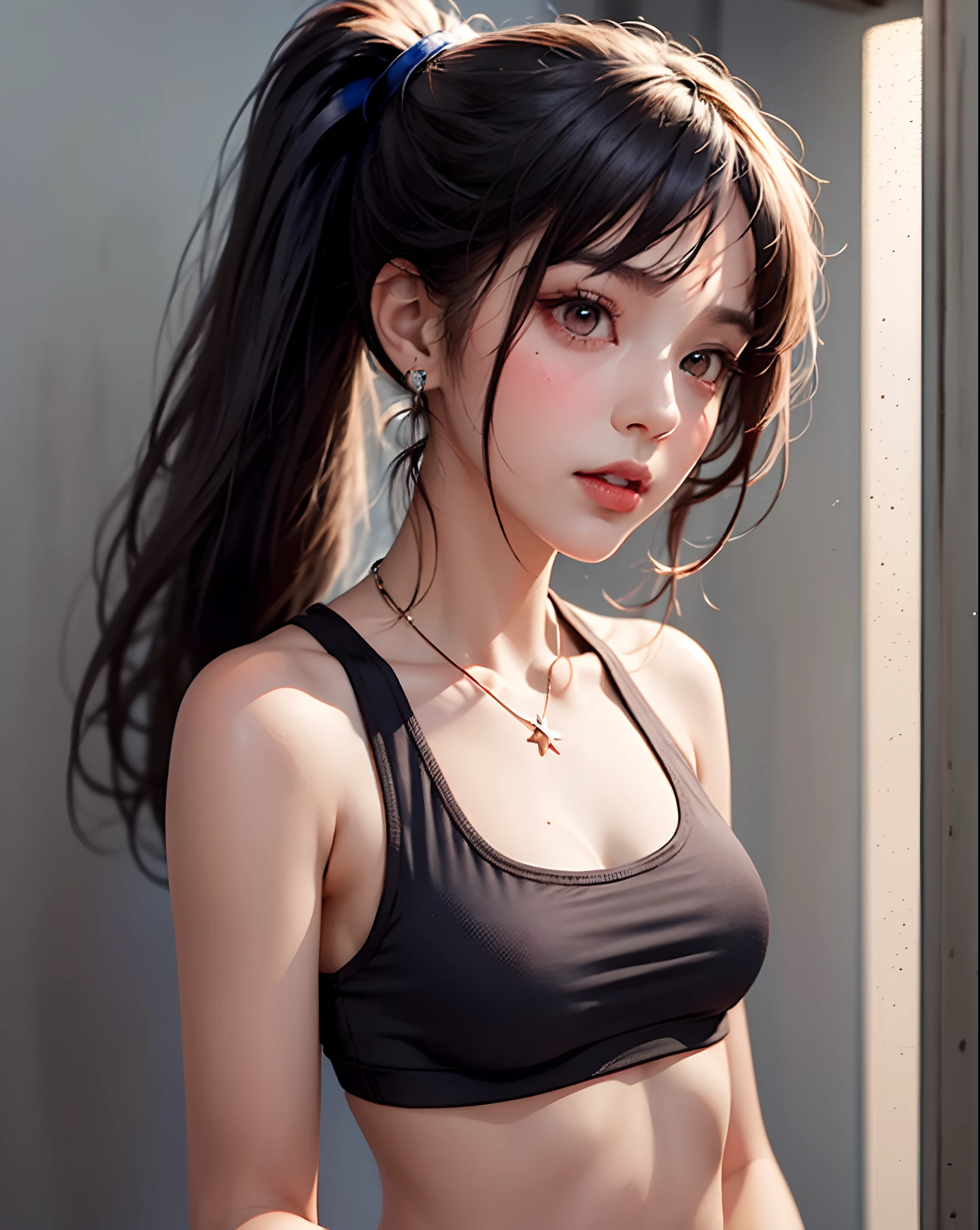 (Masterpiece, Best Quality, 1 Girl, Solo, intriciate detail, chromatic aberration), (Reality), (skin), 1 Girl Shizuku High Ponytail, ((medium breath)), (brunet, Blunt bangs), Detailed hair, Redhead Jewelry, Blue highlighting, One or more hairs eyes, Red Eye, Small earrings, sharp eyes, necklaces, ((Black crop top cutout)), JINS, (symmetry eyes), (Perfectly symmetrical body), natta, ((Natural light))), Back lighting, Against a gray wall, a faint light, Standing, (Looking at the viewer), ((Center Shot, from frontal, (Face and waist) Pronounced bust line deep V sexy