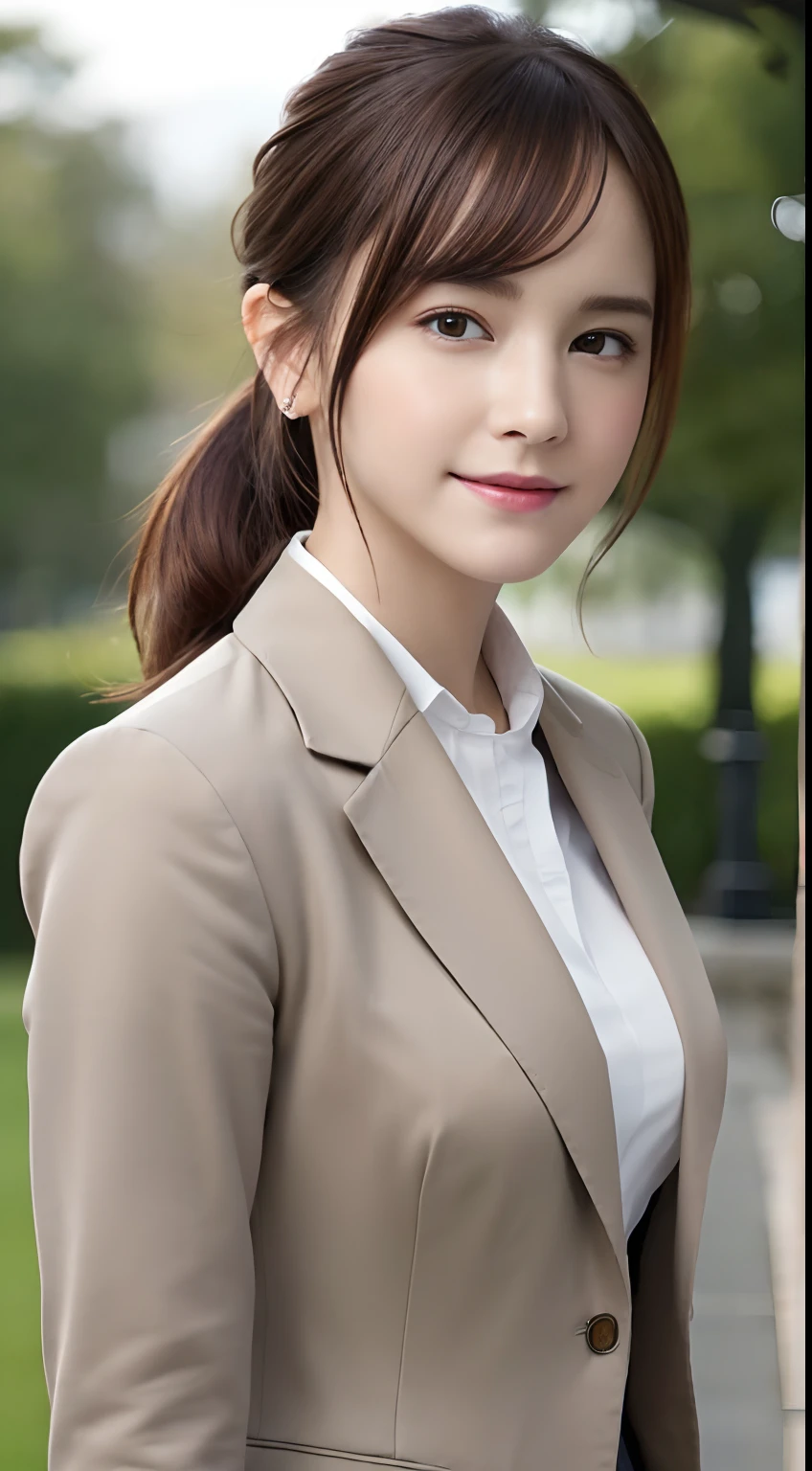 (A hyper-realistic), (hight resolution), (8K), (ighly detailed), (beatiful detailed eyes), (top-quality), (ultra-detailliert), (masterpiece), (A detailed face), softfocus、face of emma watson、Colossal tits、japanes、school uniform Wearing、Khaki blazer、Outstanding smile、British Schools、a miniskirt、poneyTail