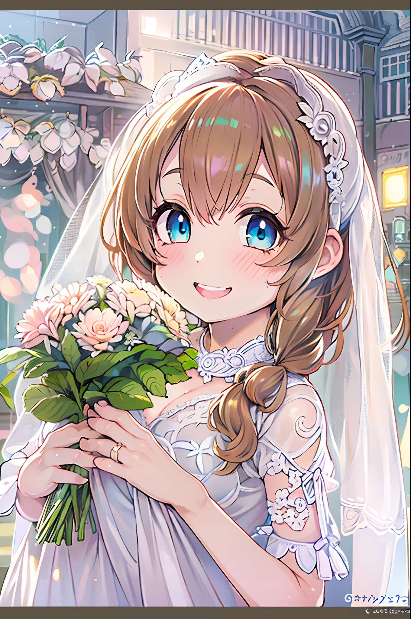 High resolution, Best Quality, masutepiece, Ultra high definition, Ultra high definition, Anime, Illustration, Solo, Very beautiful and cute woman in her 20s, wearing wedding dress、 Her hair is moving, Close up of hands, Great perfect proportions, Glossy light brown medium hair, High layer cut, Bora hairstyle, Bright blue eyes, huge smile、Show me your wedding ring