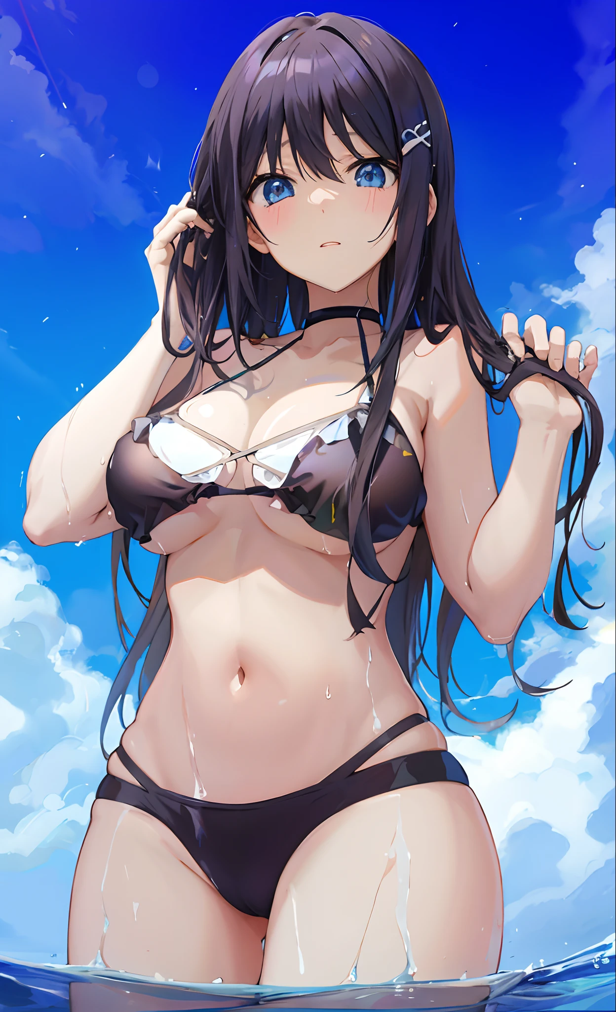 Anime girl in a bikini standing in the water, seductive anime girl, (Anime girl), anime moe artstyle, small curvy loli, swimsuit, is wearing a swimsuit, in bikini, in bikini, in the beach, bathing suit, on a beach, realistic bikini, attire: bikini, beautiful anime girl, mayuri shiina, cute anime girl silver hair blue eyes