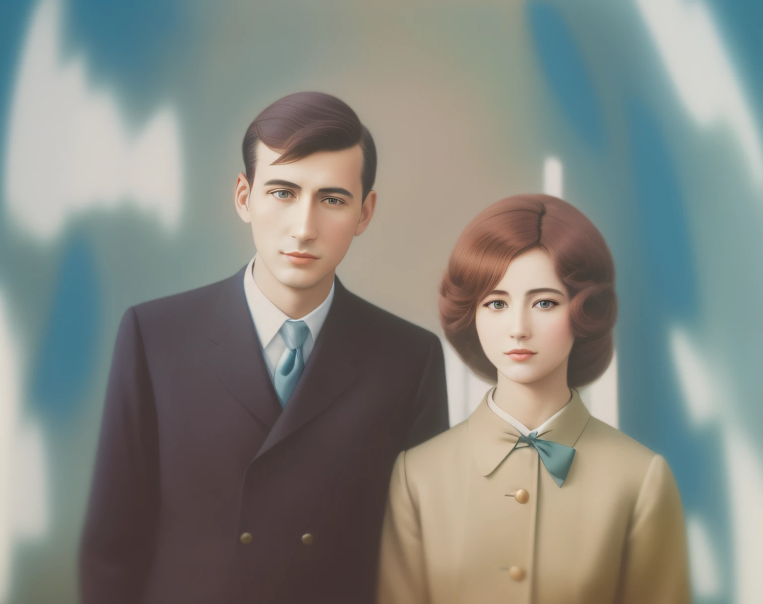 Painting of man and woman in suit and tie, Ayanamikodon and Irakli Nadar, a colorized photo, colorized background, colored photo, old color photo, a colorized photo, colorized, colored photo, colorized, colorized, vintage color photo, Late 1 9 6 0, color portrait, Photo in color, Psychedelic coloring book