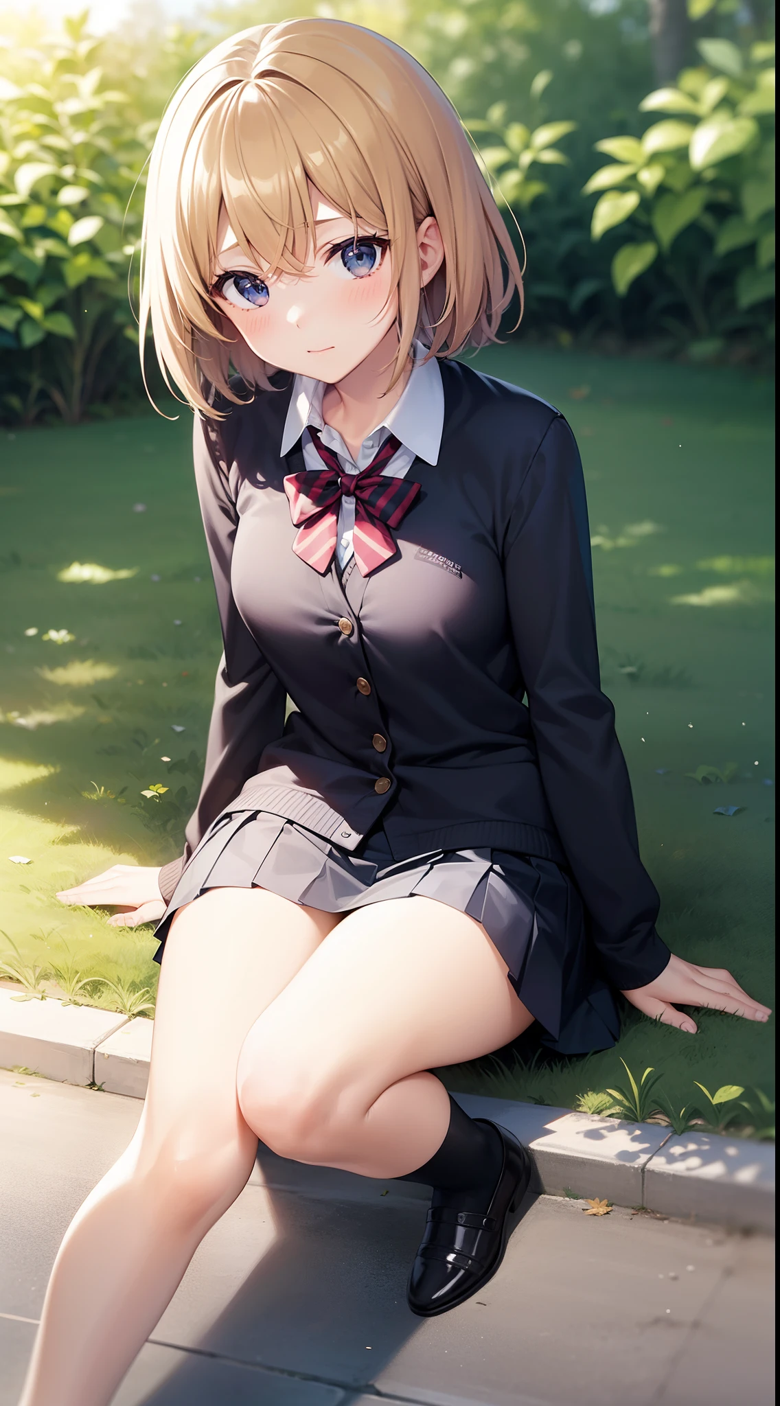 masutepiece、hight resolution、1girl in、hi-school girl、a miniskirt、Angle from the front、Sit with your knees on the ground、Looking at the camera、Shameful face、Cute anime illustration、