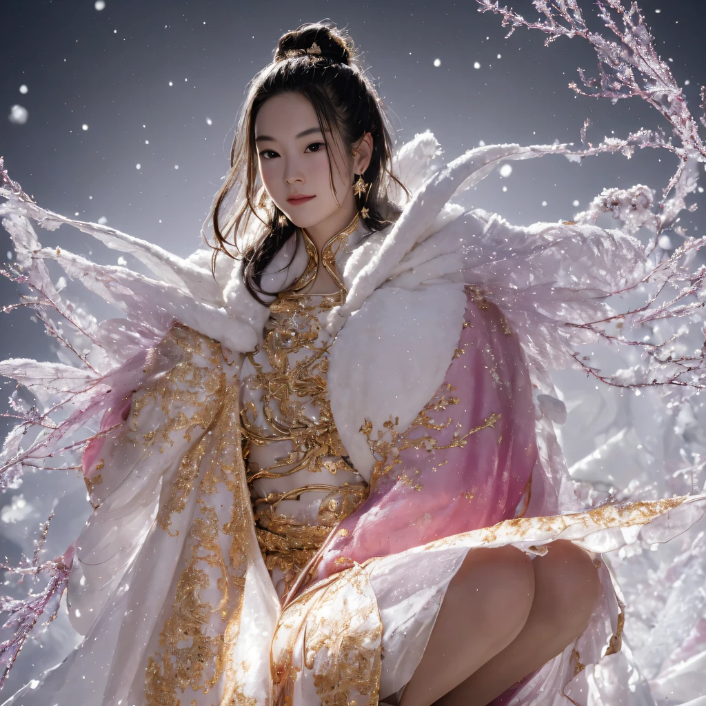National wind circle，Flying Nine-Tailed Fat Skull Flame Ethereal Toad Star，Gold black brocade white rabbit hair chest protector，Fuchsia pink diamond tulle burgundy diamond shin guards，Fat woman space squat 1 in the snow:900 miniatures，Front view，Pure transparency，Wear boxing gloves，Ice is permeable to gas，Film light and shadow，Panorama ultra-wide angle，extremely happy，The texture of the real person is delicate，Strong visual impact，hyper-detailing，Dream girl，Refined face，prettyeyes，high saturated，Wear reflective sunglasses with thick gold wire，crystal-clear，Good sense of perspective，Light and shadow effects，16K smooth，Low light on the surface