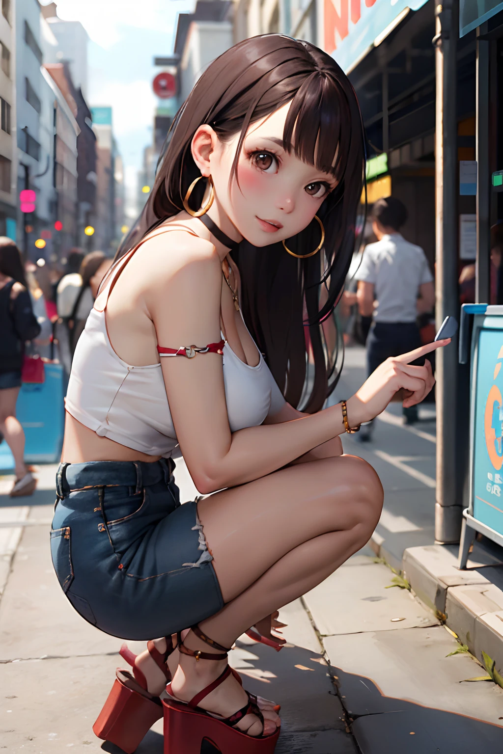 masterpiece, best quality,1girl,young girl,brown eyes,long hair,mesugaki smile,shiny skin,(nice leg line:1.3),thick thighs,thin waist,huge breasts
BREAK
, Black_bodysuit, high-waisted_shorts, platform_sandals, chain_choker_necklace, hoop_earrings,
BREAK
, Department_store,,crowd,depth of field,looking at viewer,squatting,from side,upper body,legsupsexms