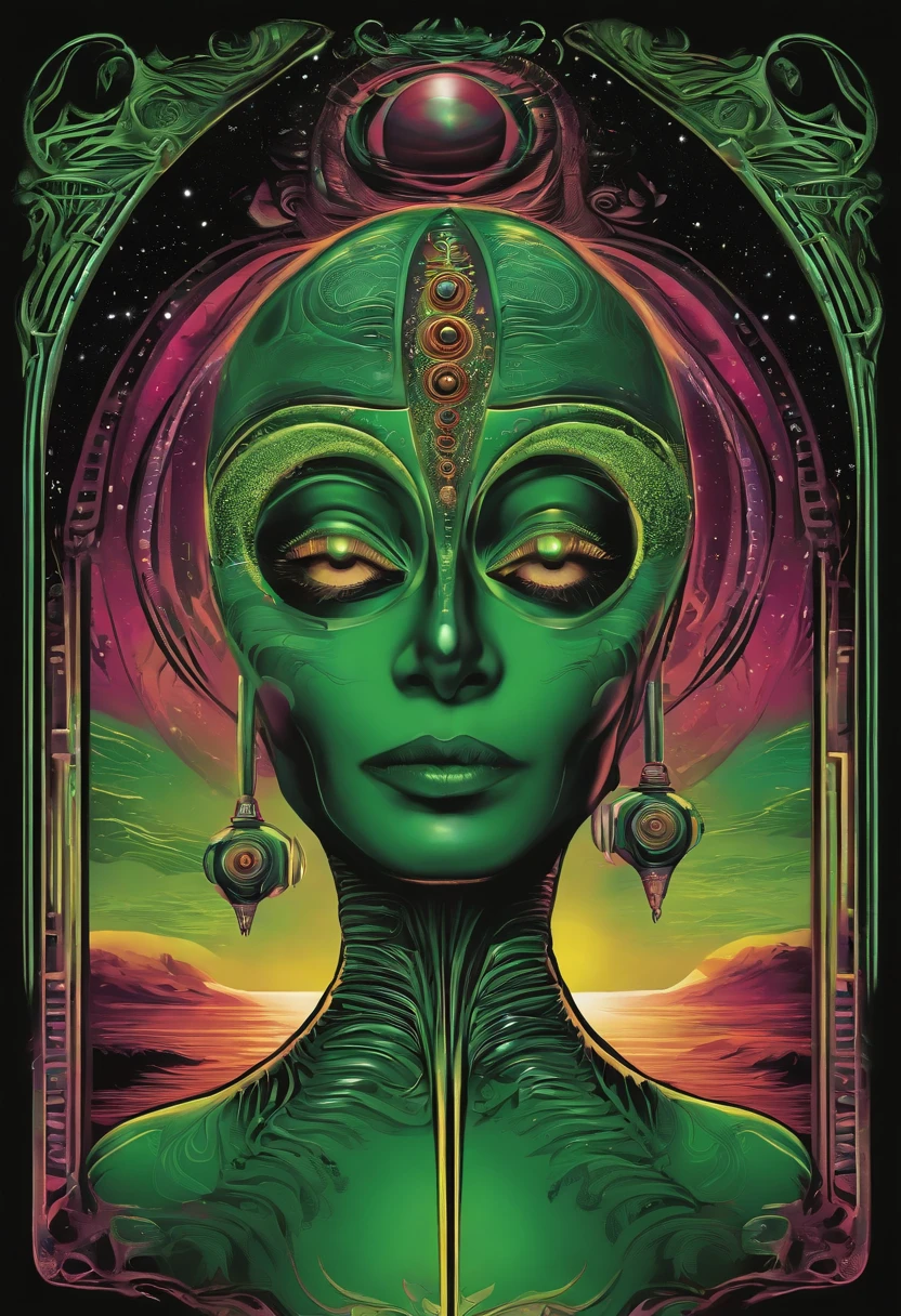 (work of art, maximum quality, best qualityer, offcial art, beautiful and aesthetic:1.2), (1 alien girl), extremely detailed  eyes, (Fractal Art:1.3), colorfully, More Detailed, (face perfect), greenskin, hdr, (white cloak golden lines:1.2), Galaxy, (light stripes), stunning visuals, (dynamic stripes, luminous trails:1.2), swirly vibrant colors, (pretty), (Álien)