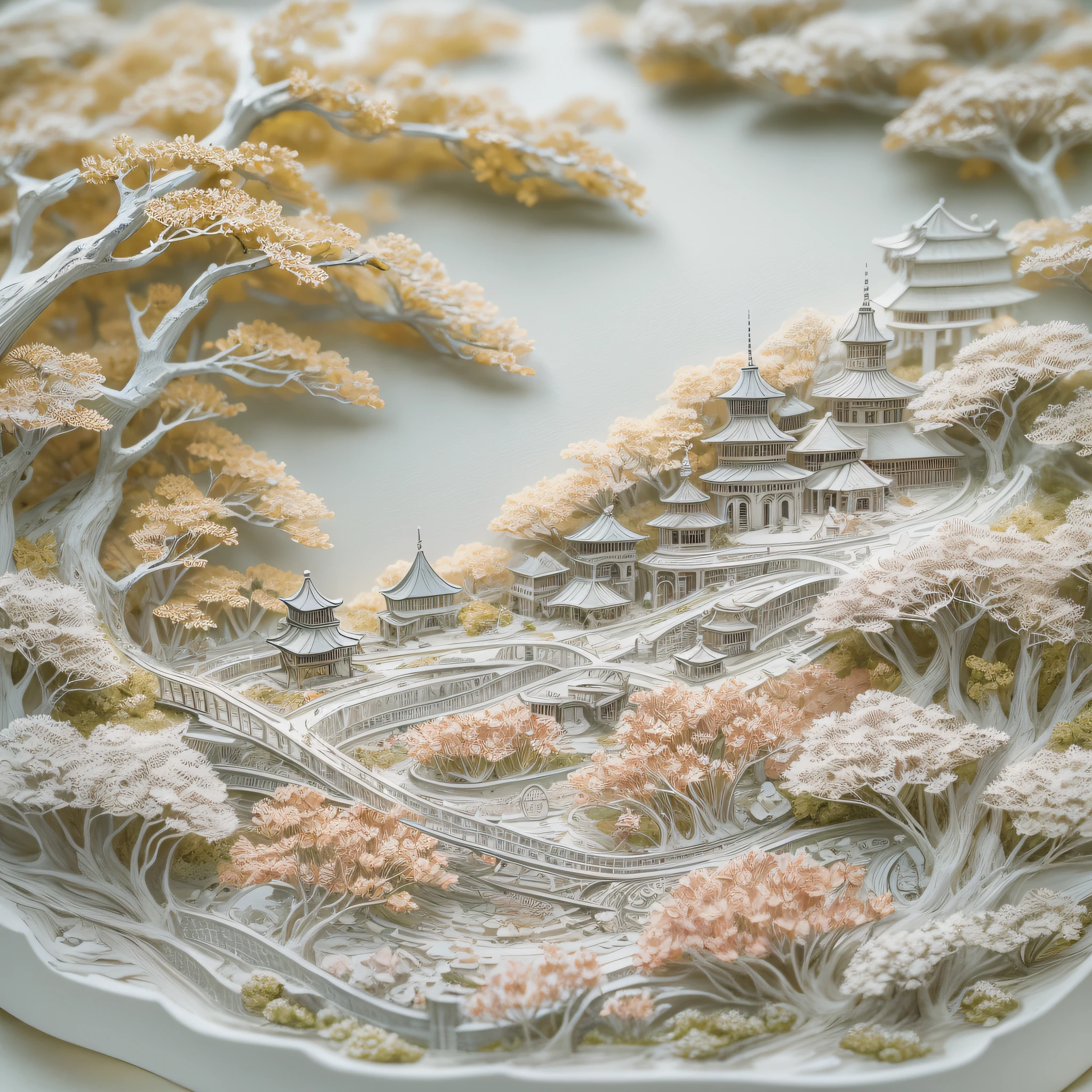 On a white glass plate,(Paper carving):Dream peach blossom forest landscape painting