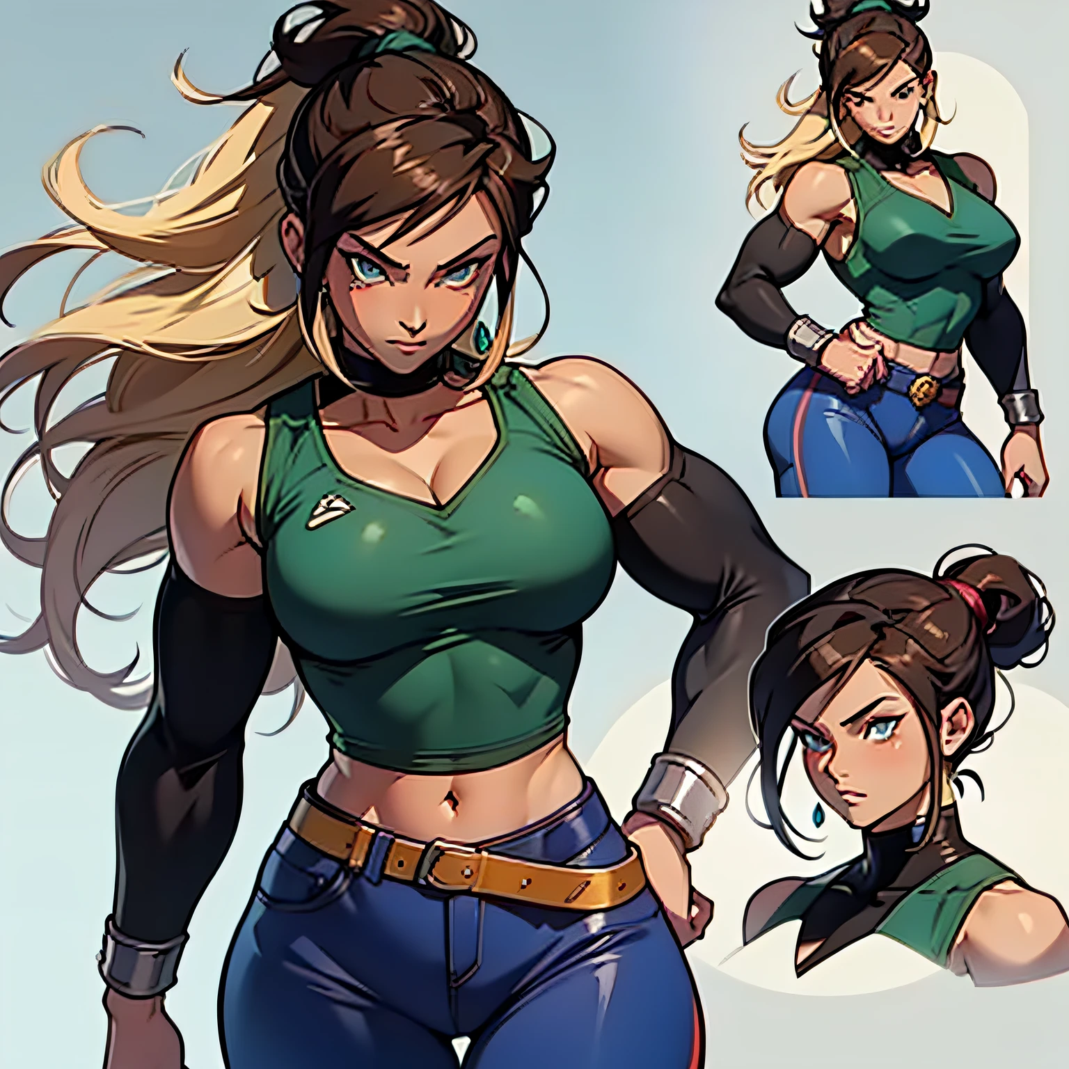 Create a striking character concept art of a muscular female Saiyan, drawing inspiration from the design elements of Korra in "The Legend of Korra." In this Saiyan style rendition, she is adorned in a blue shirt, blue pants with a white top, and possesses intense blue eyes. Her defining feature is her uncut, flowing blonde hair that symbolizes both her beauty and strength.
Immerse this character in the epic and iconic style of 80s anime, capturing the essence of the best anime character designs. Depict her in a powerful and badass pose, radiating determination and elegance. The artwork should be a full-body representation, rendered in UHD with incredible attention to anatomical correctness and intricate detailing, ensuring its suitability for 4K, 8K, or even 16K resolution.
This character concept is a fusion of Saiyan and Korra aesthetics, exuding unparalleled power and style.
