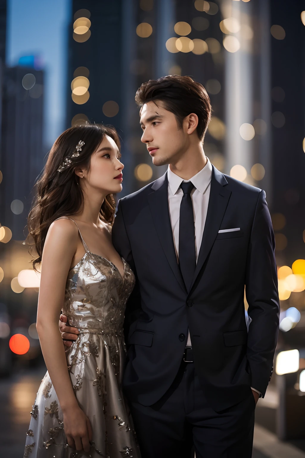 A man and girl,primitive, Masterpiece, ultra fine photos, Best quality, Ultra-high resolution, Realistic, Sunny, full-body portraits, Amazing man, Dynamic posture, exquisite face, Vibrant eyes, Very detailed background, Detailed face, detailed tidy background, Gorgeous, High detail skin, Realistic skin details, Visible pores, Clear focus, volume fog, 8K UHD, Digital SLR, High quality, filmgrain, Fair skin, Realism,(((Handsome man and beautiful girl:1.4)))