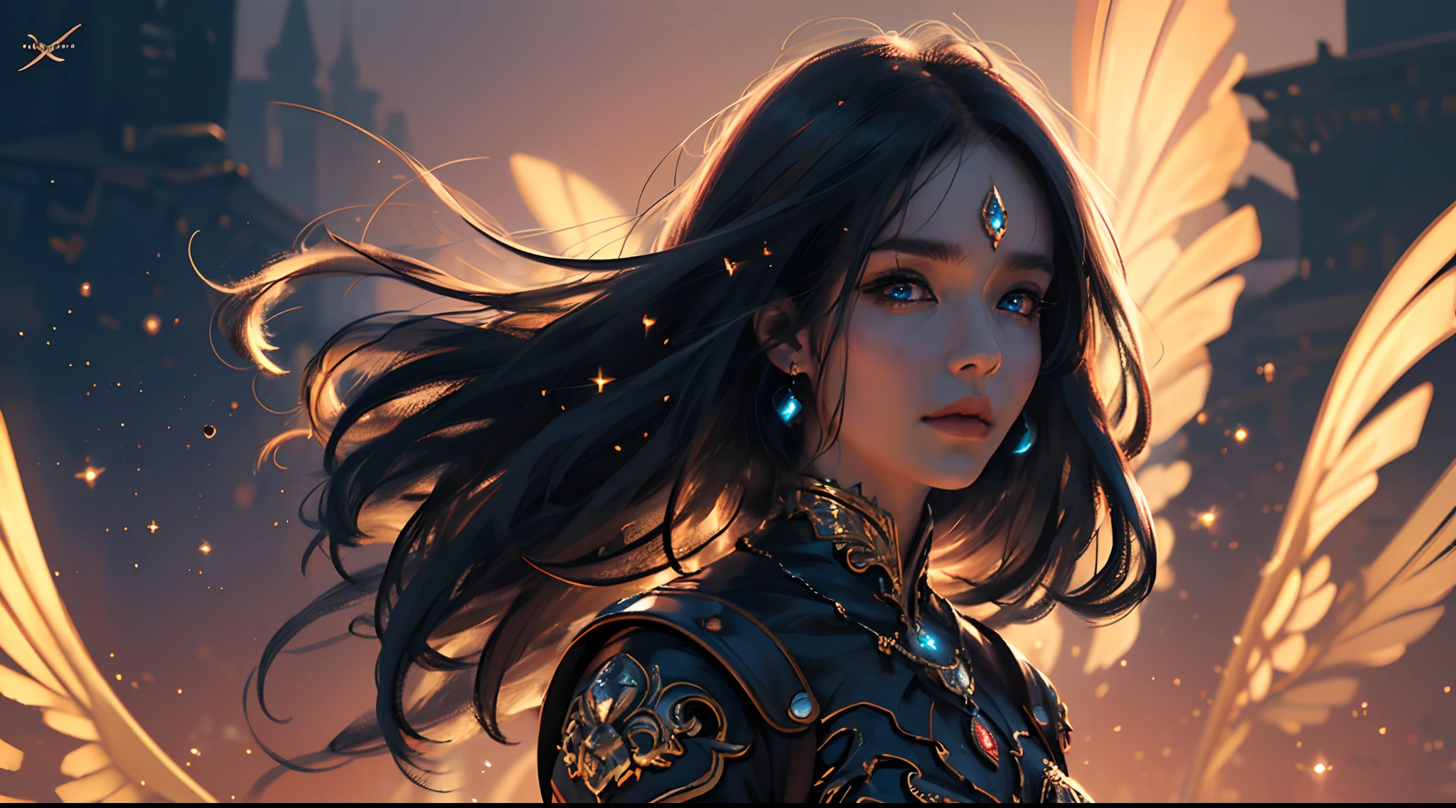 official art, unity 8k wallpaper, ultra detailed, masterpiece, best quality, 1 woman, (extremely detailed), dynamic angle, Mysterious expression, fire sparkle effect, fantasy background, rim lighting, side lighting, cinematic light, ultra high res, 8k uhd, film grain,best shadow, delicate, RAW, light particles, detailed skin texture, detailed armor texture, detailed face, intricate details, ultra detailed, bright,  (realistic), ((black hair)), very glowing blue eyes, curvy