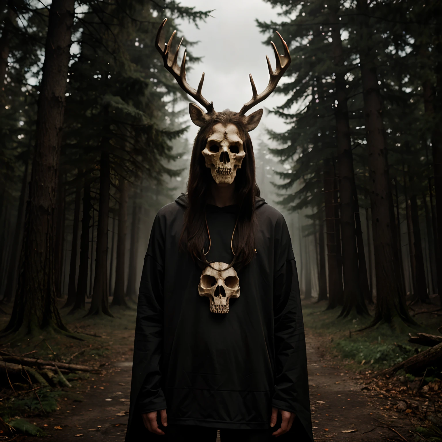 Guardian of the forest with a deer skull in gloomy clothes, Dark Fantasy Forest Background