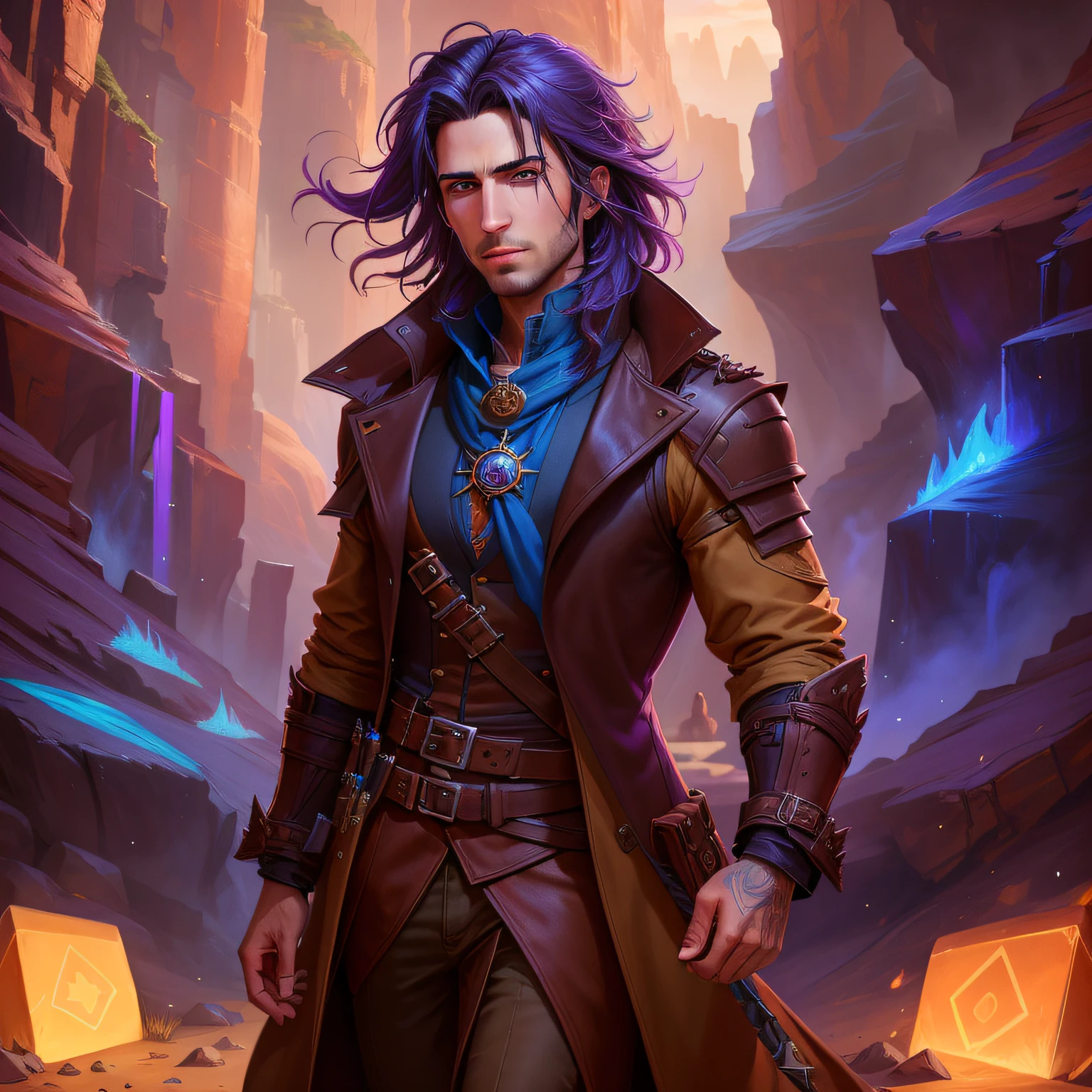 arafed image of a man in a long coat standing in a canyon, caleb from critical role, sylas, official character art, l critical role, detailed fanart, official character illustration, human male character art, commission for high res, official fanart, handsome prince of persia, epic rpg portrait, in hearthstone art style, official art