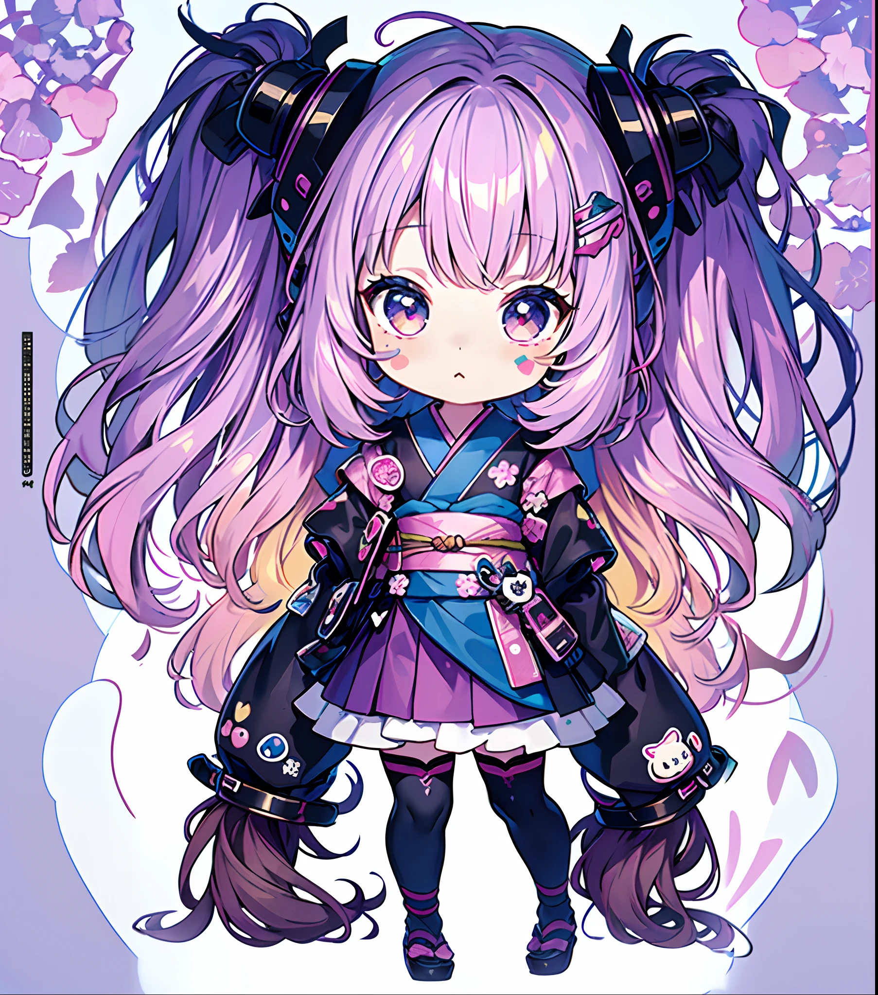 1girl, ((Sticker: 1.5))), ((Chibi character)), (white background), Fluffy, Girl, High School Student, Ninja Girl Costume, Kimono, Schoolgirl Pose, ((Chibi Chara)), Full Body, Pastel Hair, Fairy Tale, Fantastic, Rainbow, T-shirt Design, Best Masterpiece, Best Quality, 16k, Surprised Face, ((hands hidden))