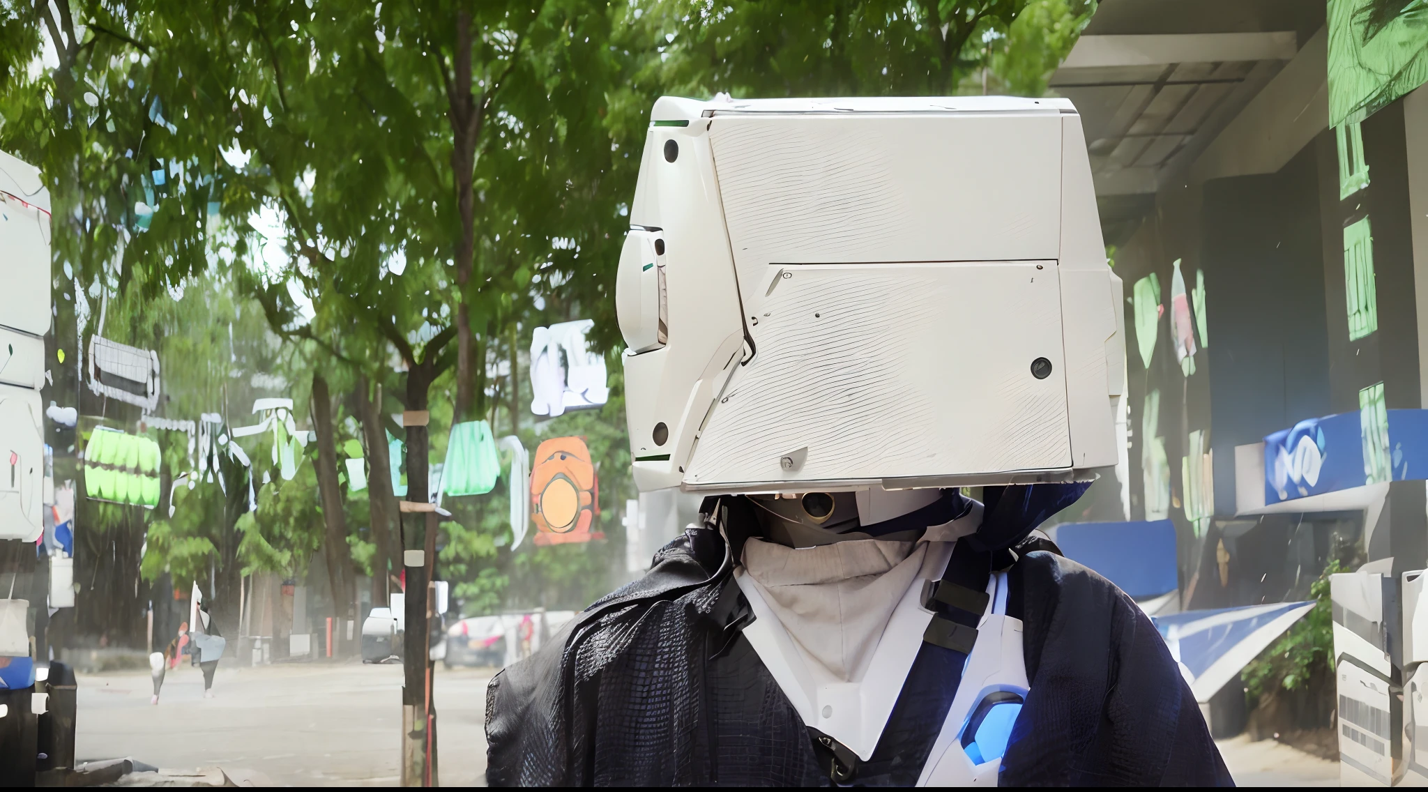 arafed man wearing a box on his head with a smiley face drawn on it, wearing giant paper masks, the robot wearing her human mask, oled visor over eyes, helmet instead of a head, head fully visible, modular synthesizer helmet, helmet on face, with a big head, the man with robot head, smiling mask, hat covering eyes