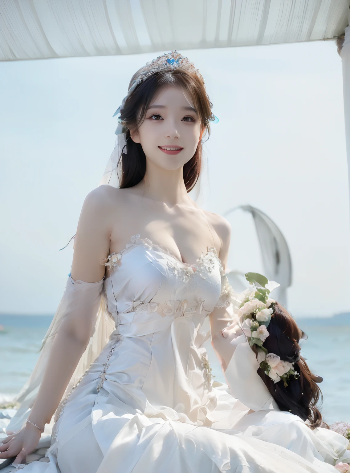 (Best Quality, masutepiece:1.2), (Realistic:1.3), (hyper detailed background, Detailed background), Bokeh, ((medium breasts:1.2)),(Princess Wedding Dresses:1.3),Bridal tiara, Bridal Veil, bridal gauntlets, Bridal Cascade Bouquet, Upper body, (White sandy beach on blue sea background:1.1), The skirt spreads round and wide, 1girl in, 20s, Cute,Smiling,