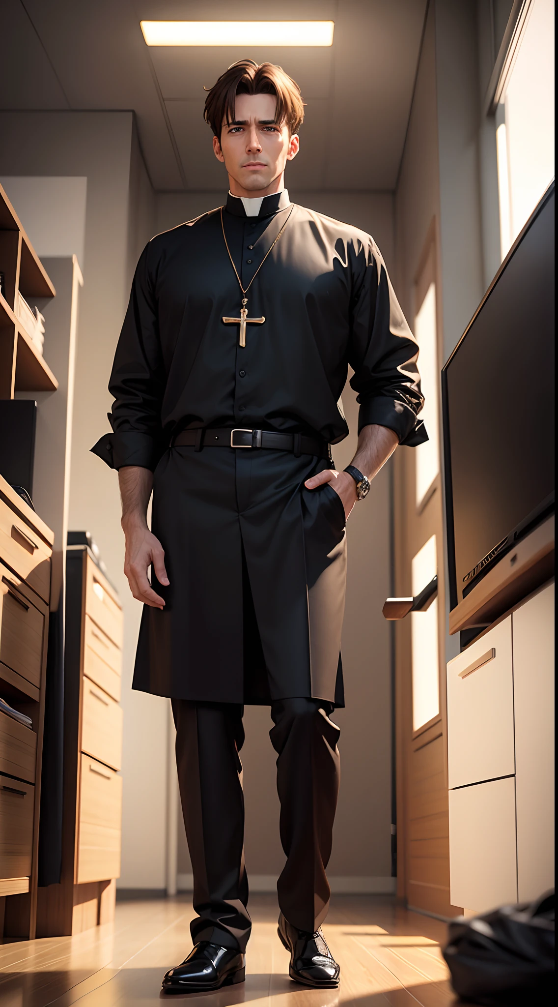 Realistic, 8k image of a 35 year old male priest, brown hair, dressed in a black dress shirt, standing in a 90s office, anime style art