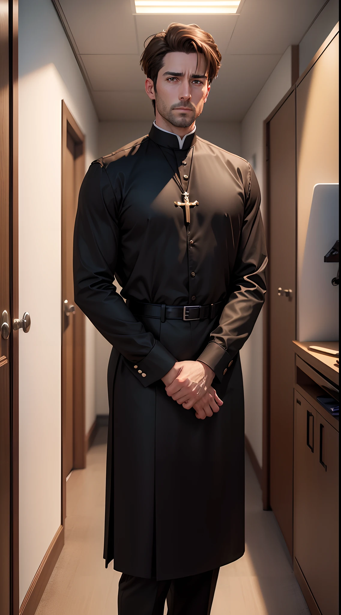 Realistic, 8k image of a 35 year old male priest, brown hair, dressed in a black dress shirt, standing in a 90s office, anime style art