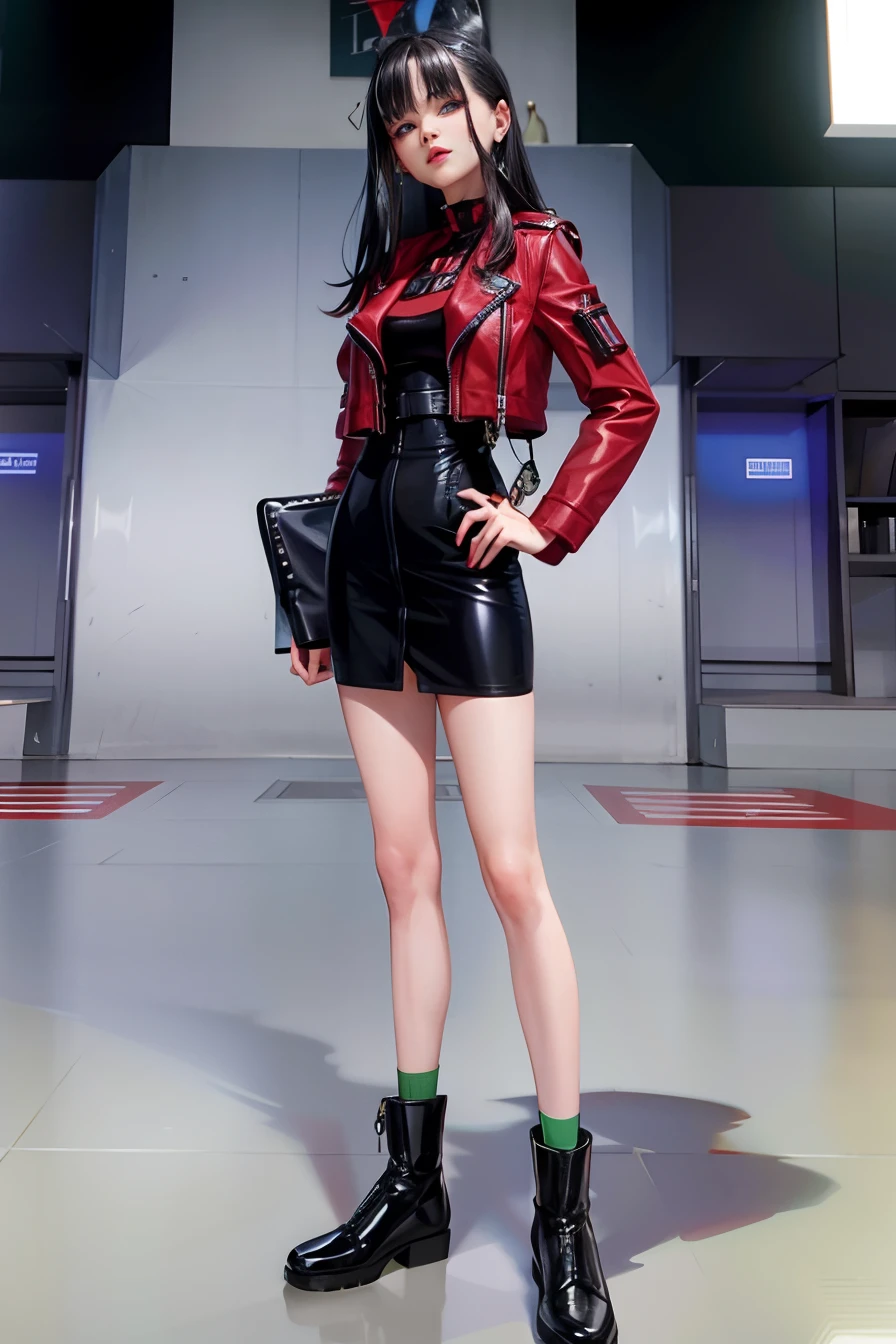 uma mulher em um vestido preto e jaqueta vermelha posando para uma foto, casaco curto de couro vermelho, vestido com jaqueta de couro curta, usando jaqueta de couro cyberpunk, usando jaqueta e saia, Modelo de moda feminina coreana, iu lee ji-eun as a super villain, roupa estilo cyberpunk, saia curta e jaqueta longa, Xianxia de corpo inteiro, jaqueta vermelha legal