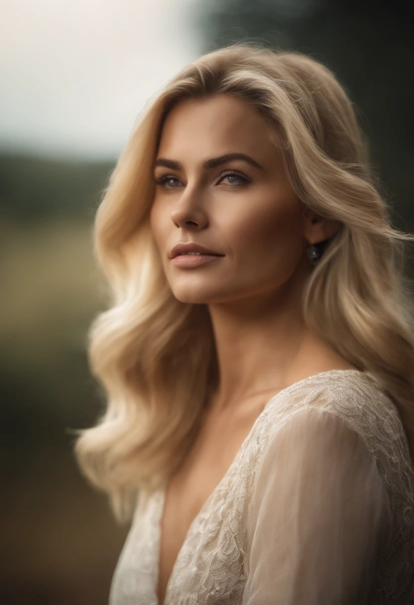 blonde qui mets sa main a cote de son visage, sa main est vers le bas