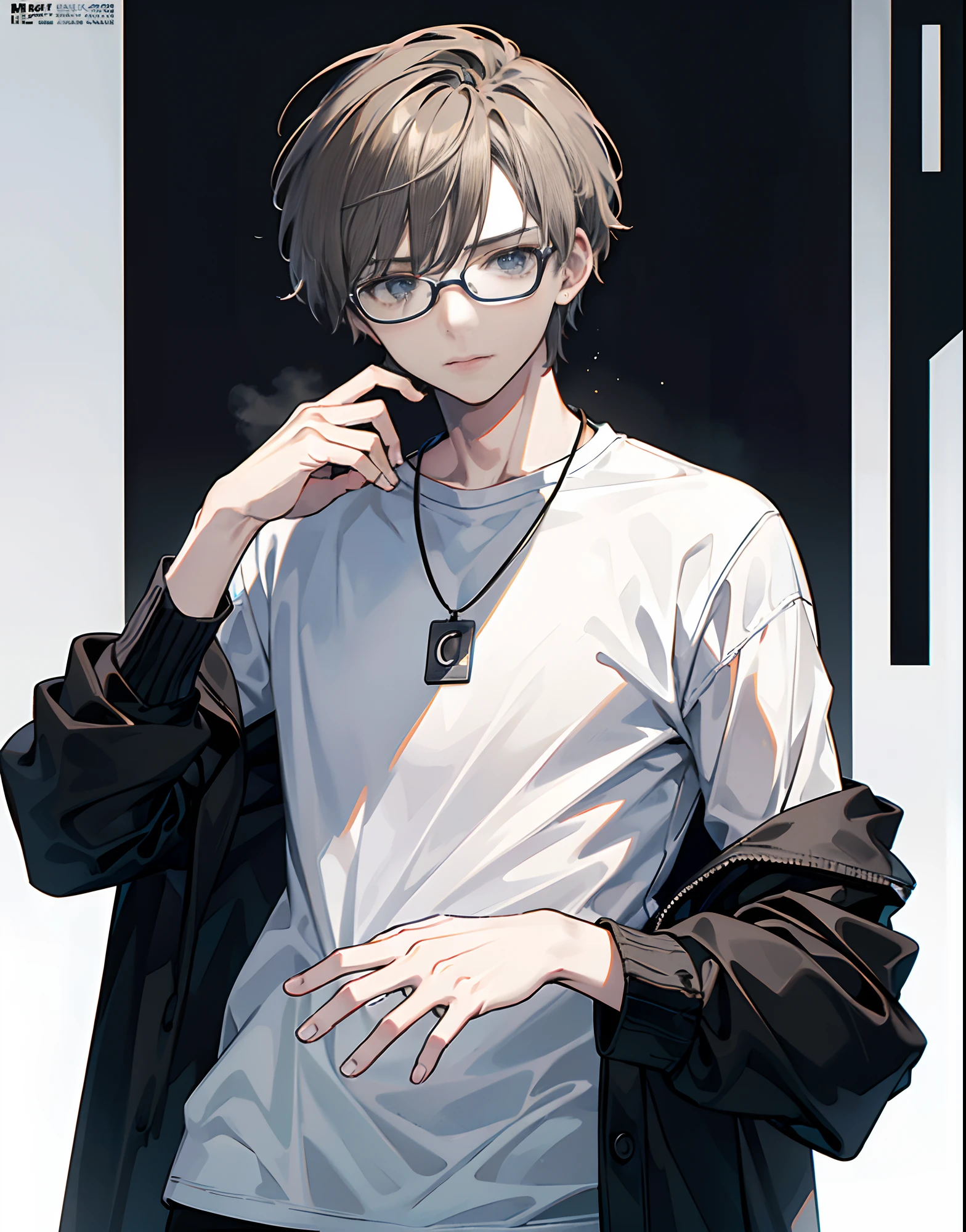 ((((Dramatic)))), (((cool))), (((calm))) film poster featuring a young man as the central character. He stands calmly in the center of the poster, wearing a casual and stylish outfit. He has a calm expression on his face as he fixes his rectangular framed glasses. The background is cozy and calm with a catchy tagline that adds to the fashionable style of the poster. The color pallets consists of grays, tans and browns with a striking white background. (Magazine:1.3), (cover-style:1.3), fashionable, man, calm, cozy, scene, text, cover, stylish, trendy, focus, fashion