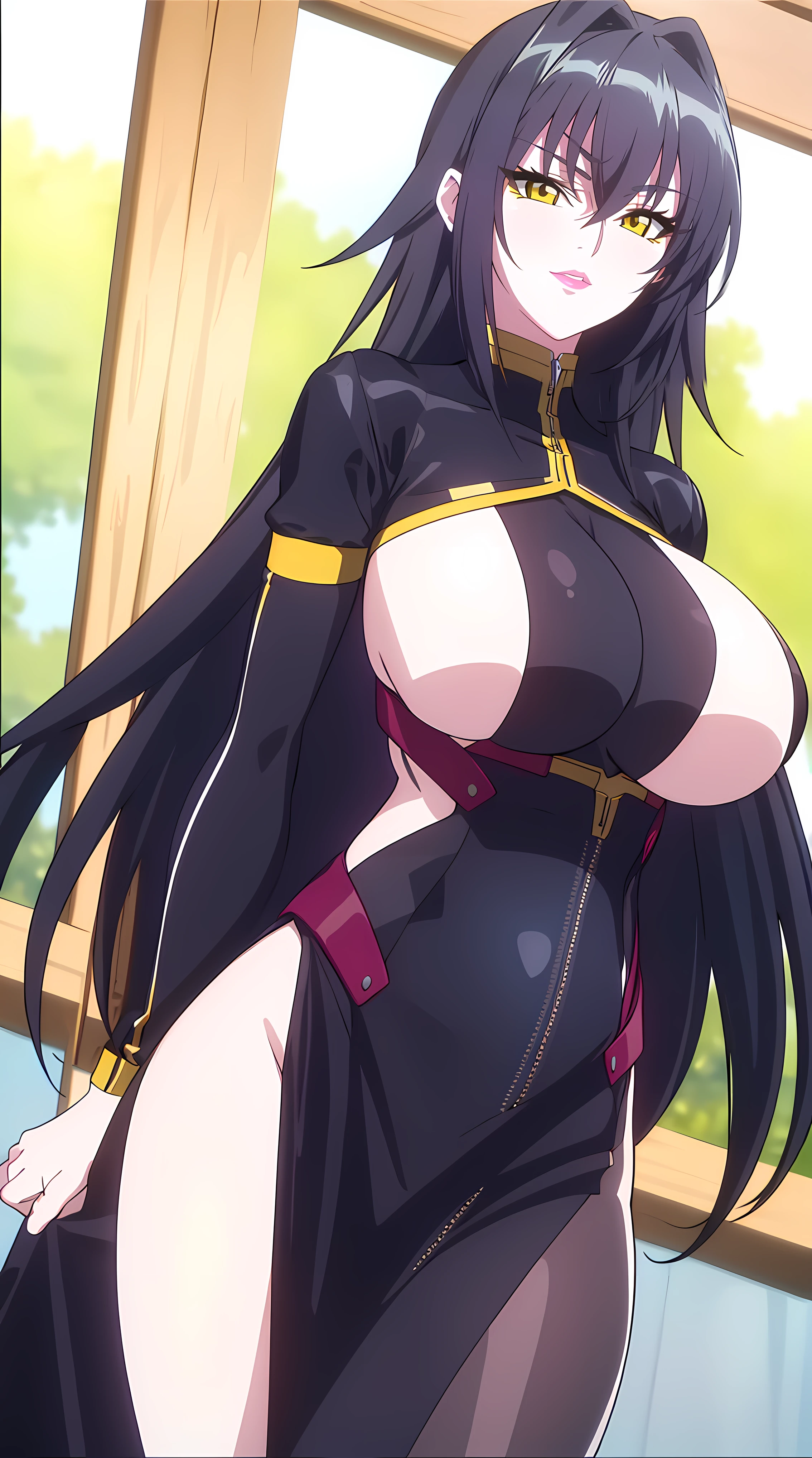professional artwork, Intricate Details, field of view, sharp focus, detailed painting, photorealistic lighting, trending on pixiv, (masterpiece:1.0),(best_quality:1.0), ultra high res,4K,ultra-detailed, photography, 8K, HDR, highres, absurdres:1.2, Kodak portra 400, film grain, blurry background, bokeh:1.2, lens flare, (vibrant_color:1.2),
(Annerose:1), 1girl, female mature, (black hair:1.4), long hair, yellow eyes, large breasts, bodysuit, shiny clothes, skin tight, hair intakes, covered breasts, pose invited, looking at viewer, sideboobs,
simple plain white background, (solo:1.5),