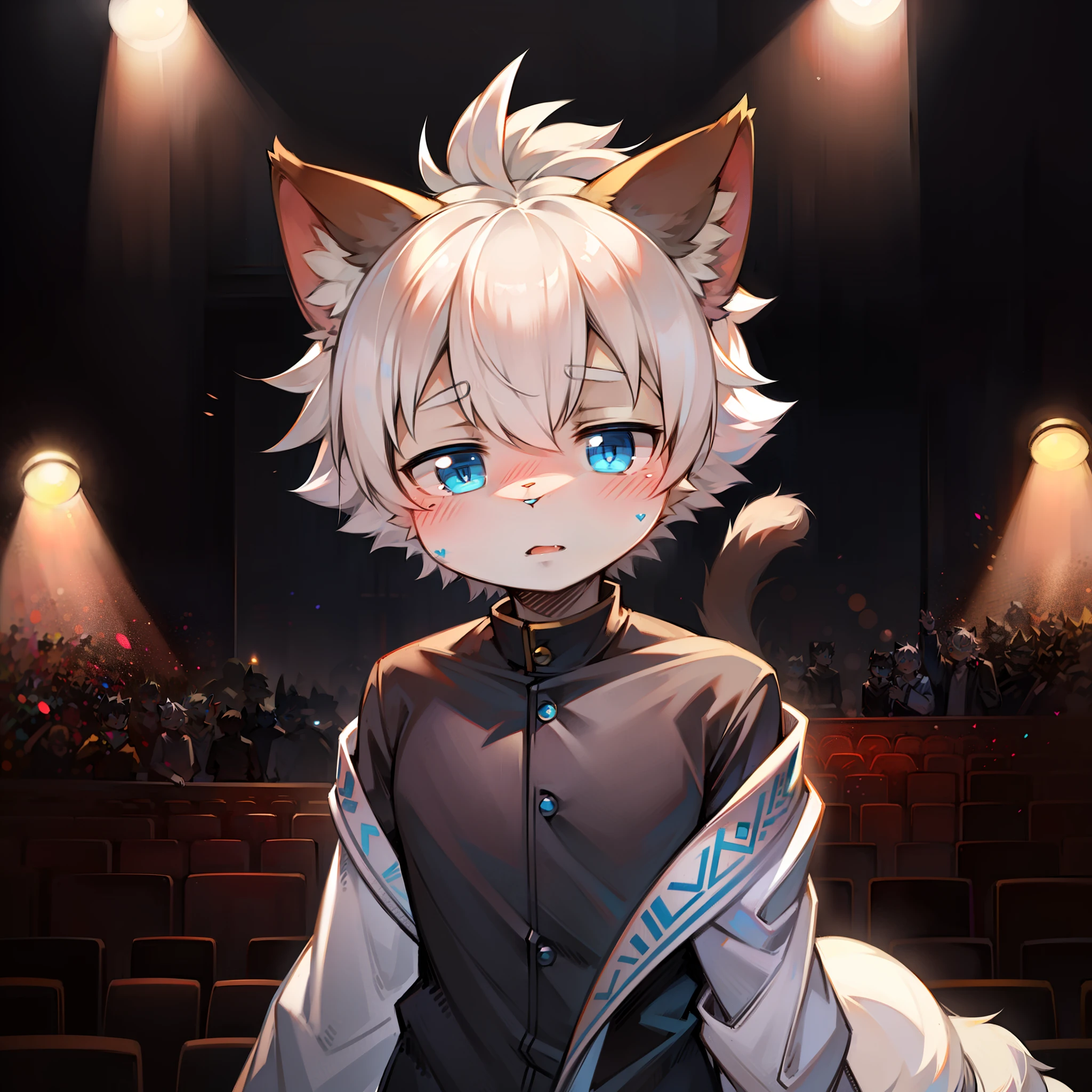 Male, short hair, white hair, blue eyes, bangs, expressionless, light blush, looking at the audience, portrait shot, furry, cat, shota
