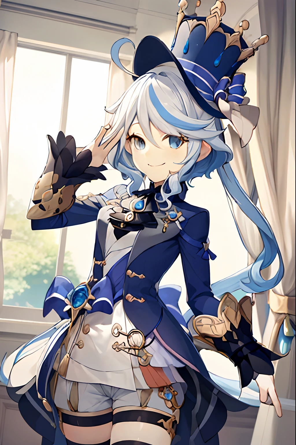 (masutepiece, Best Quality, hight resolution),
Furina, tailcoat, Upper body, Closed mouth, Smile, Short shorts, Top hat,
Indoors, chies,