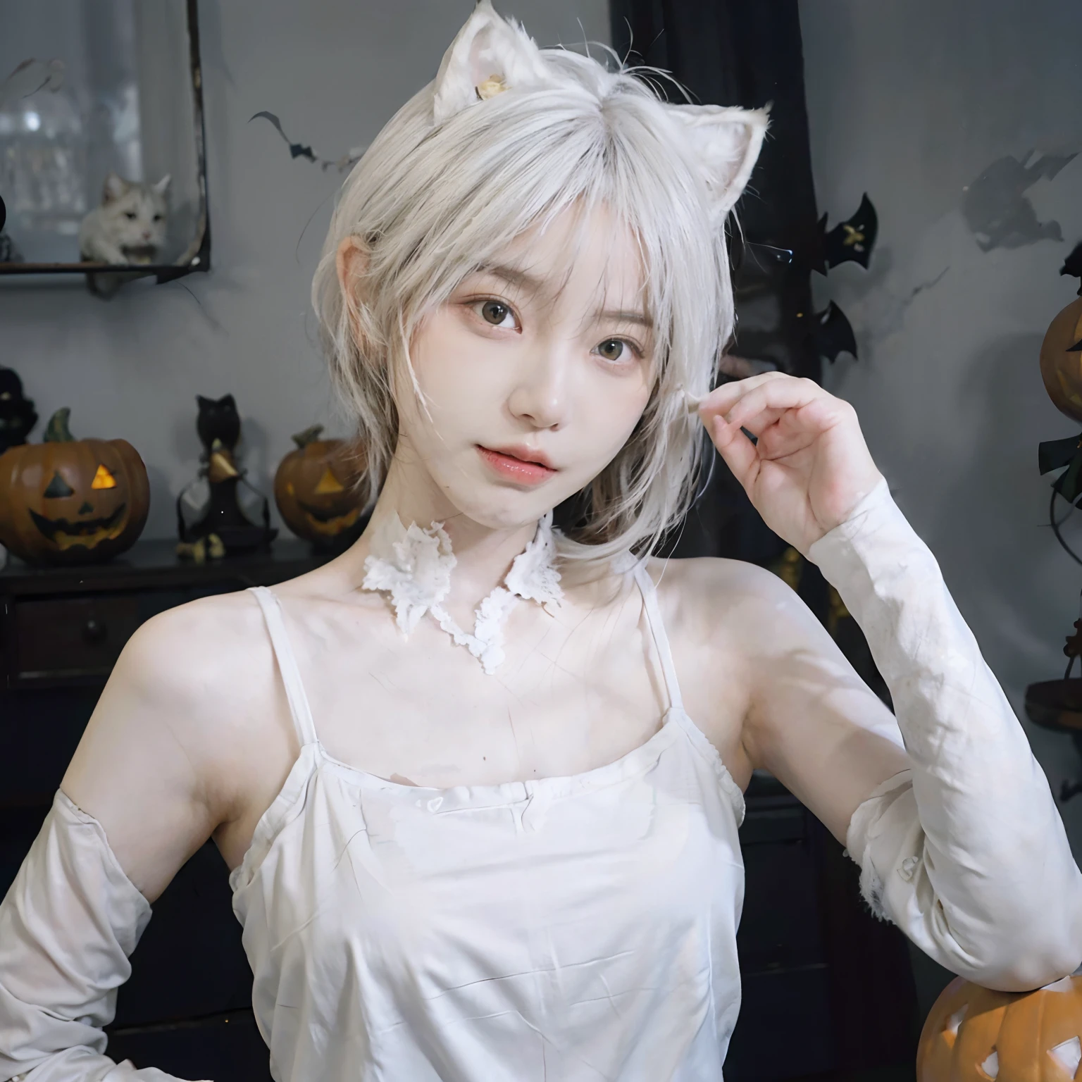 8K、(((Halloween atmosphere)))、(White underwear)、(sexy  pose)、(((White hair color))) 、pumpkins、undersized head、Best Quality, 超A high resolution, (Realism: 1.4), Realistic Photos, (True skin texture: 1.3), Beautiful eyes and face details, masutepiece, Best Quality, bob cuts、18year old、(((White cat ears)))