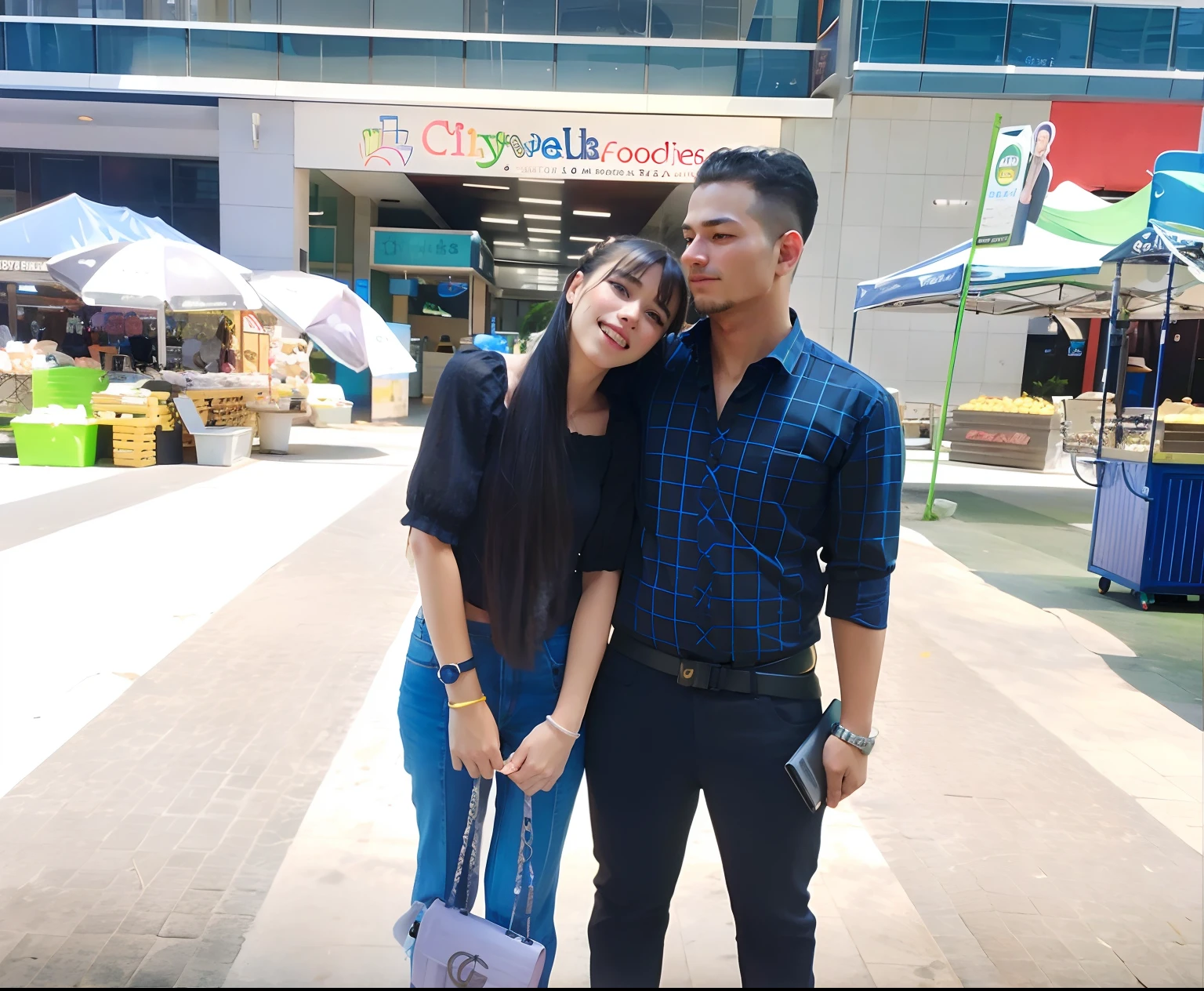 girl and boy, a couple love, 4k, very detail, realistic, necklace, many bracelet, nike shoes, full body, see viewer, 25 years old, scary face, grey theme, fancy