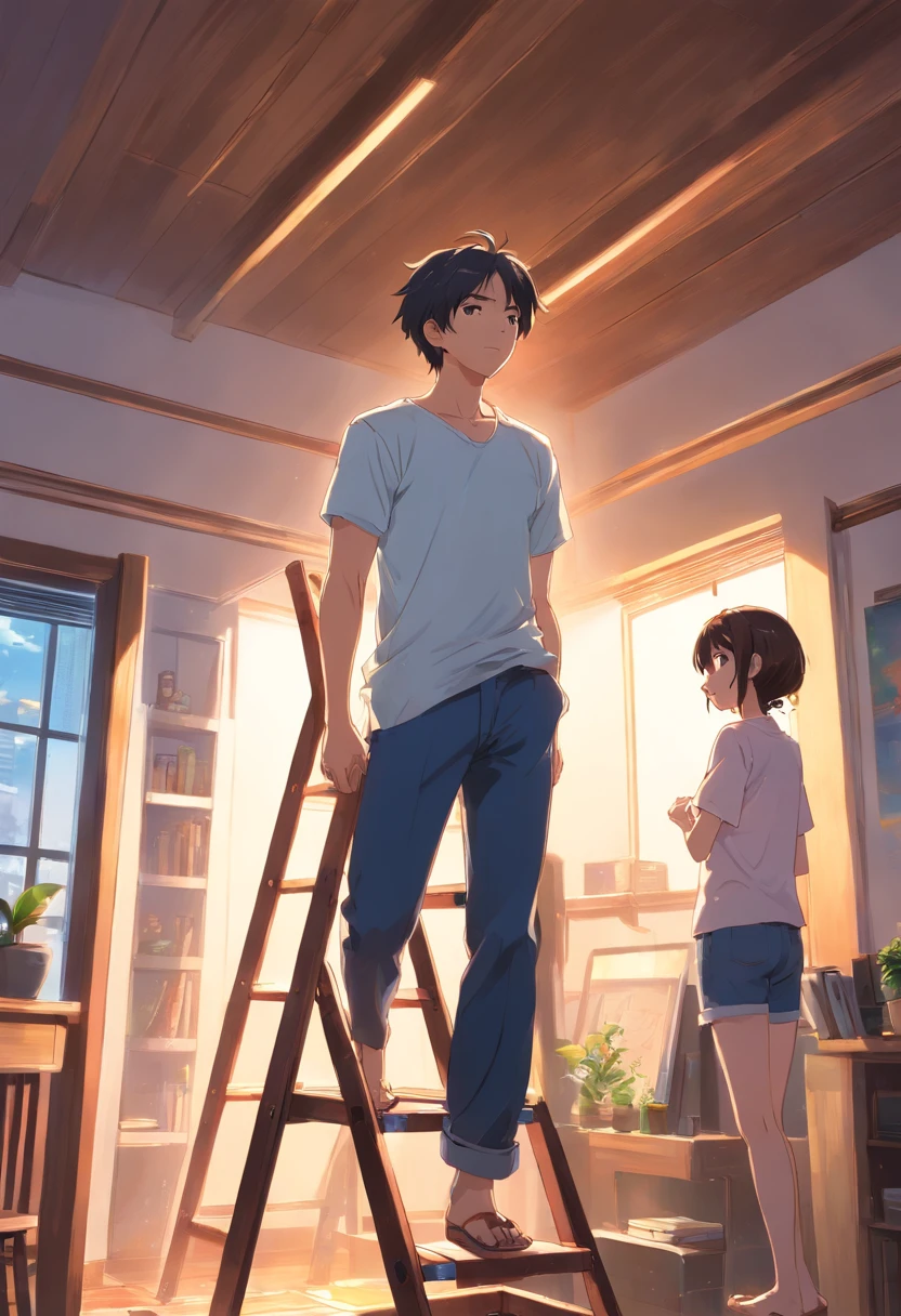 Masterpiece, Superb Clothing, (illustration), ((4 people)), ((Handsome man sweating profusely standing on a ladder in the living room,Install a camera,The three daughters looked up at their father), Fashion, White color blouse, (profusely), (White skin), (dark circles), Handsome, Close up, (Grand background), (Chiaroscuro)), Fine face in detail, Facial details, Cinematic lighting, (Depth of field), hyper HD,