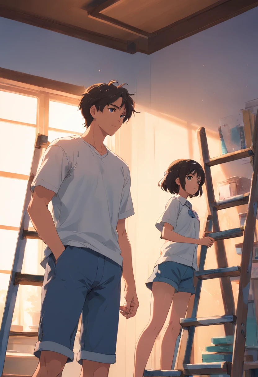 Masterpiece, Superb Clothing, (illustration), ((4 people)), ((Handsome man sweating profusely standing on a ladder in the living room,Install a camera,The three daughters looked up at their father), Fashion, White color blouse, (profusely), (White skin), (dark circles), Handsome, Close up, (Grand background), (Chiaroscuro)), Fine face in detail, Facial details, Cinematic lighting, (Depth of field), hyper HD,
