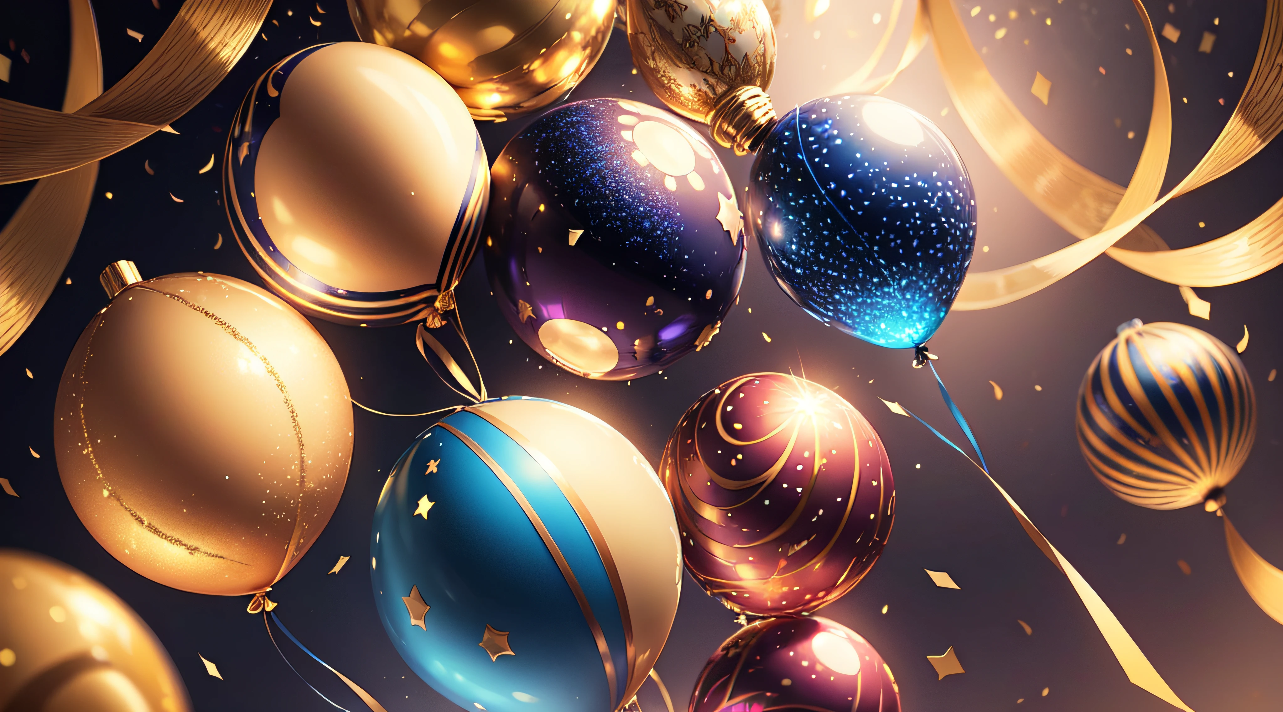 Holiday background with golden and blue metallic balloons, confetti and ribbons. Festive card for birthday party, anniversary, new year, christmas or other events.