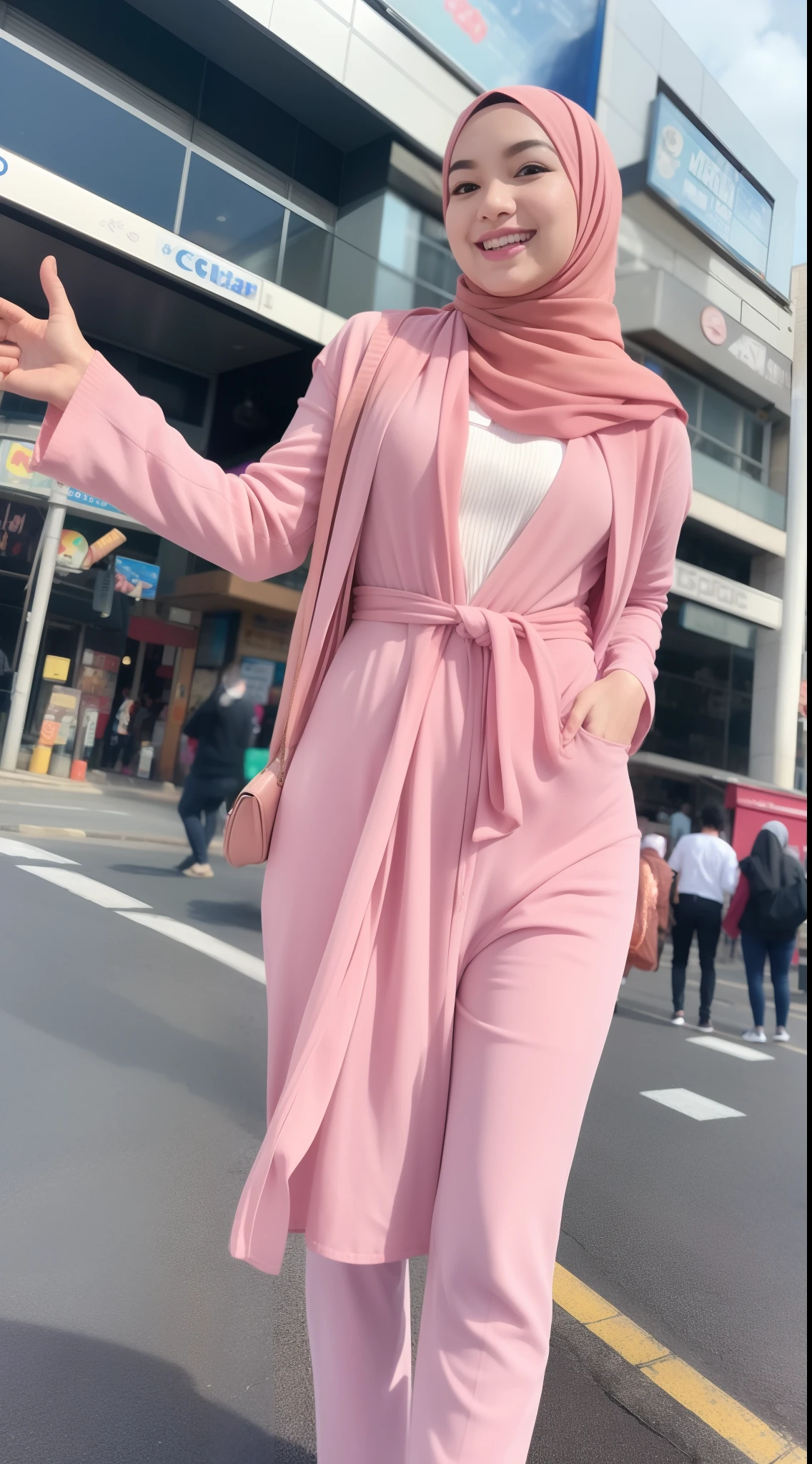 Malay girl standing in middle of the street laughing, rise her right hand, saying hi, happy pose, shibuya crossing, crowded street, morning, sunrise, wearing hijab, pastel color hijab, pink casual outfit, pink jackets, small tits, small breast, flat chest, wide waist, thick thighs, bright lighting, white lighting, high quality, ultra detail image, 4k,