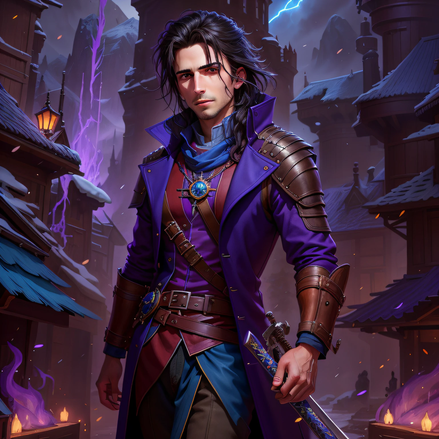 arafed male in a purple coat and blue shirt holding a sword, caleb from critical role, portrait of fin wildcloak, portrait of a dnd character, silvain sarrailh, portrait of an adventurer, black hair, fantasy male portrait, male artificer, kaladin stormblessed, portrait of a mage, inspired in kris from deltarrune, casimir art