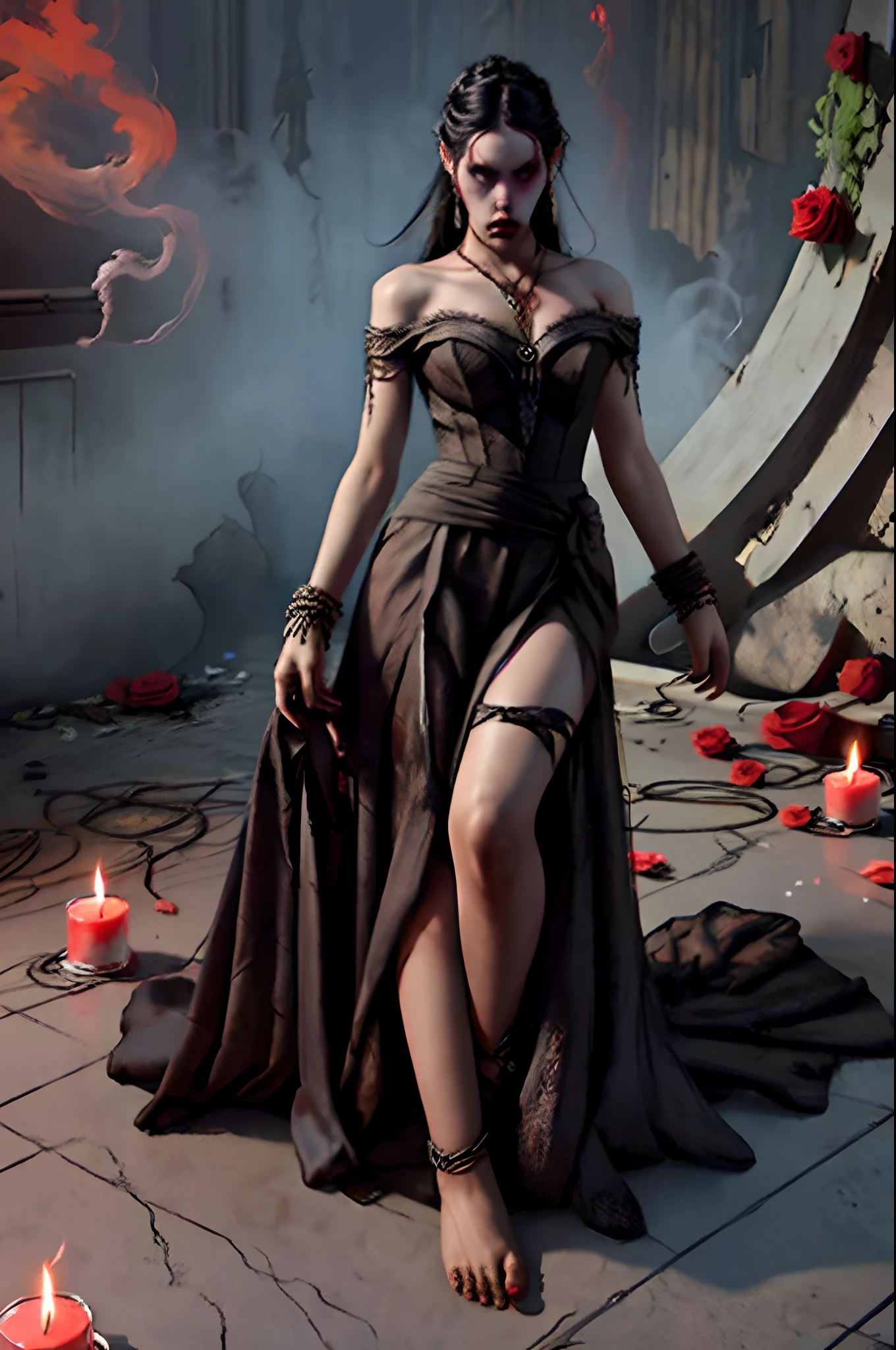 "Beautiful painting of a perfect female vampire, slender figure outlined by deep dark shadows, large breasts accentuated by a shapeless, voluminous long black cloak, perfect features delicate and intricately detailed, wearing an extremely baroque vampire corset adorned with precious gems and intricate lace, dynamic pose full of abstract beauty and near perfection, immersed in a pure form ethereal background of swirling mist and roses, illuminated by strong cinematic lighting and captivating back lighting, concept art by renowned artists Greg Rutkowski, John William Waterhouse, and Alphonse Mucha, stunning 8k post-production with super
