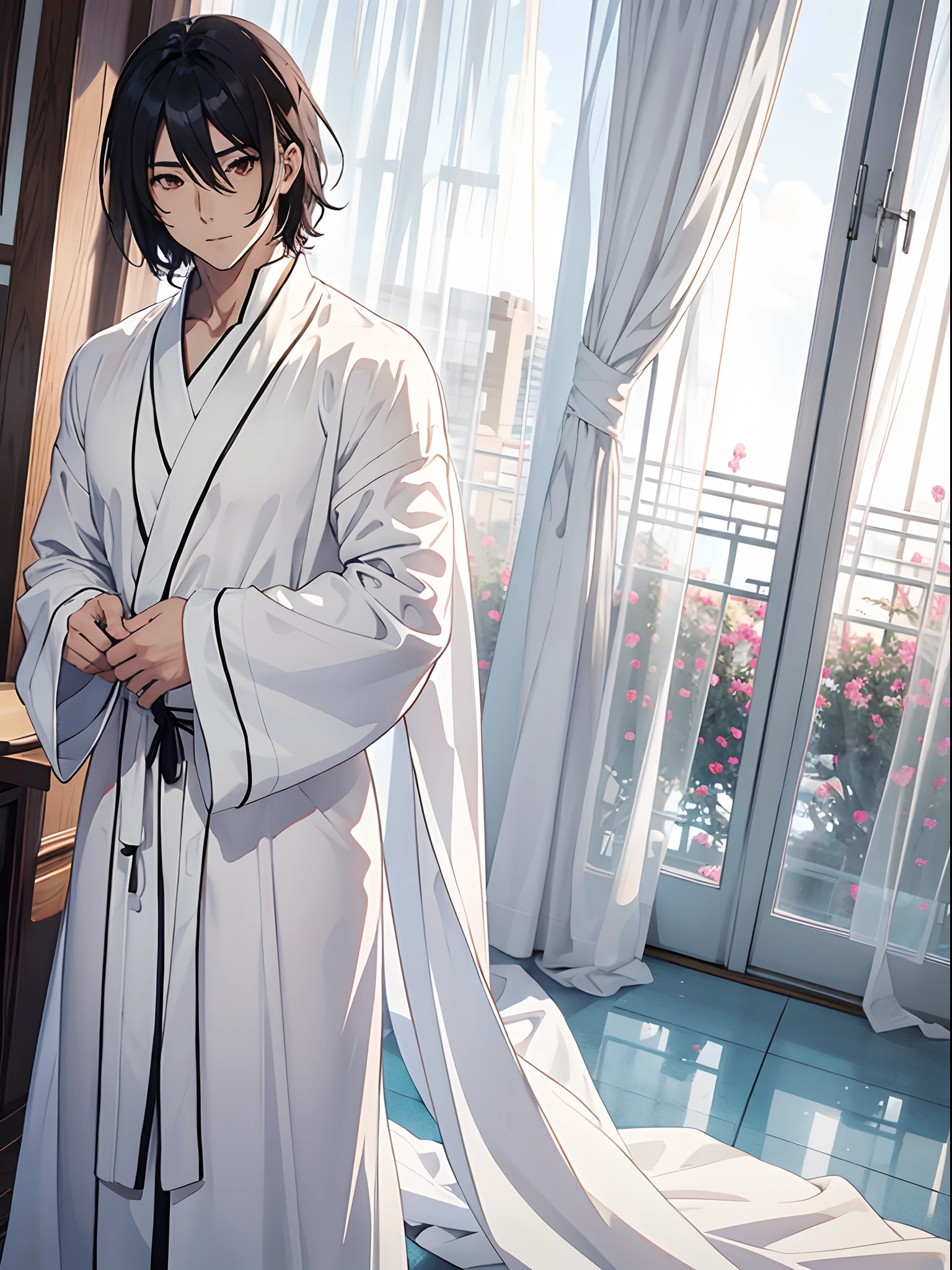 anime sexy man in white robe with long wide sleeves, transparent curtains