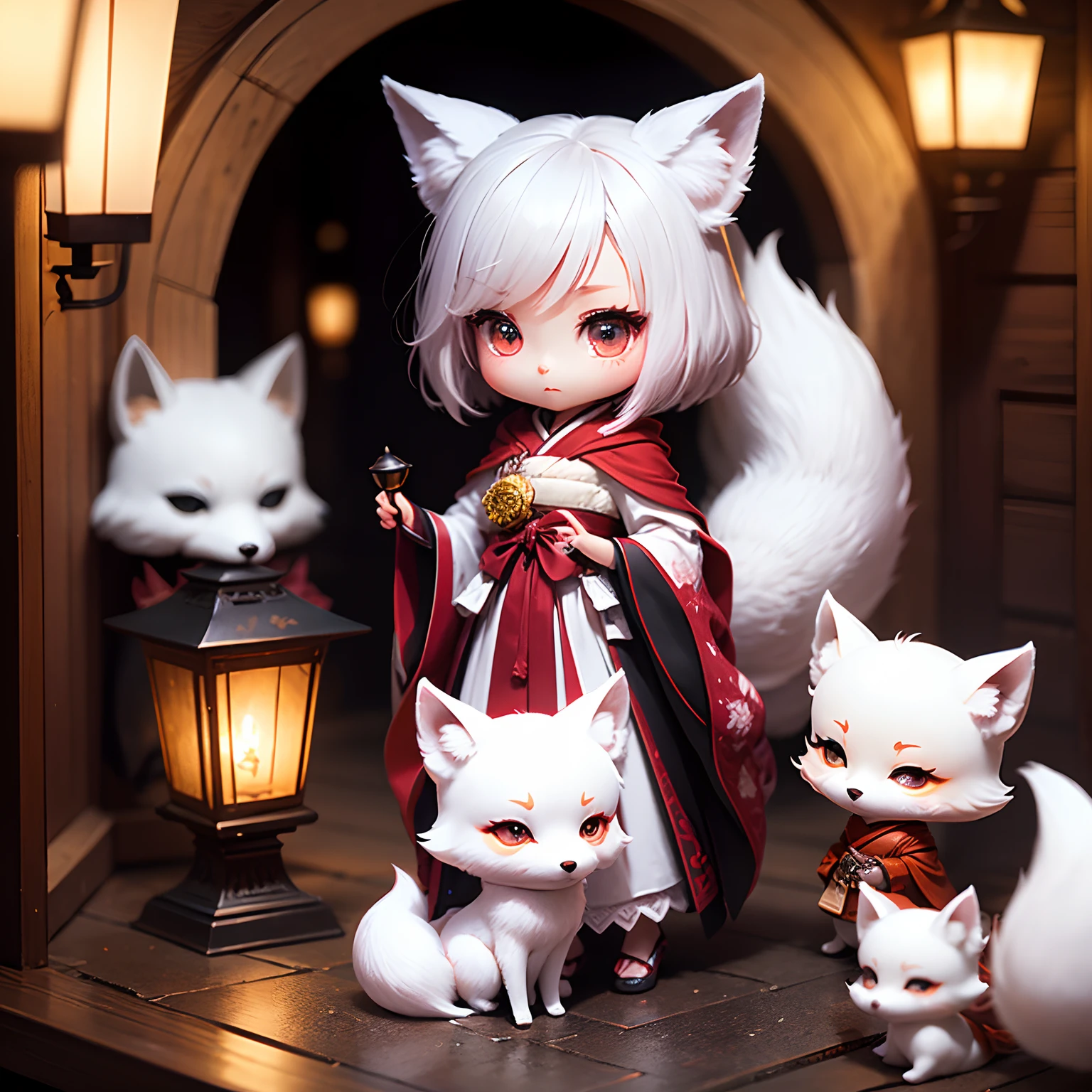 ​masterpiece、top-quality、ultra-detailliert、(Chibi Chara White Fox Bride:1.2)、dark kimono、red hoods、Lantern light、Standing、