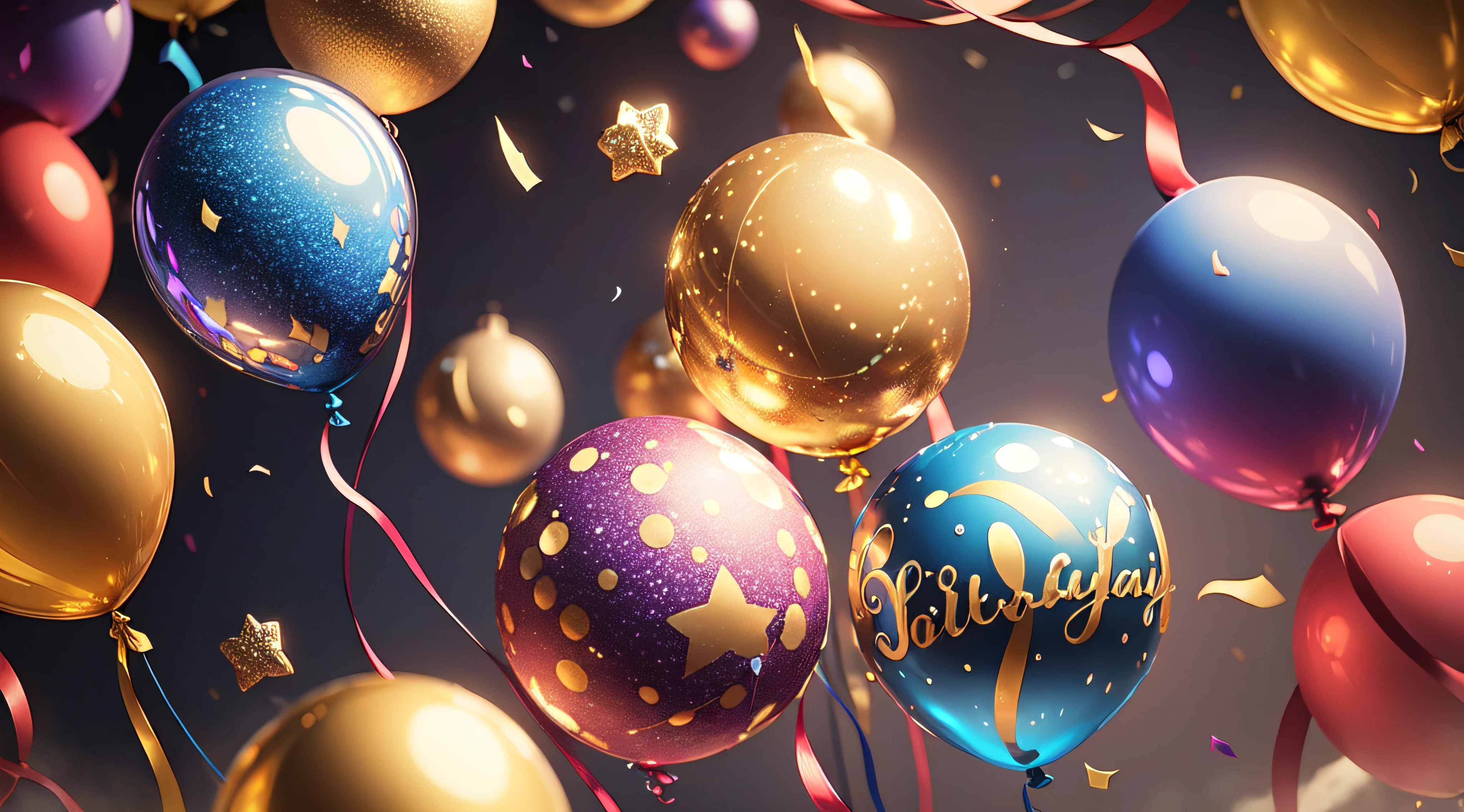 Holiday background with golden and blue metallic balloons, confetti and ribbons. Festive card for birthday party, anniversary, new year, christmas or other events.