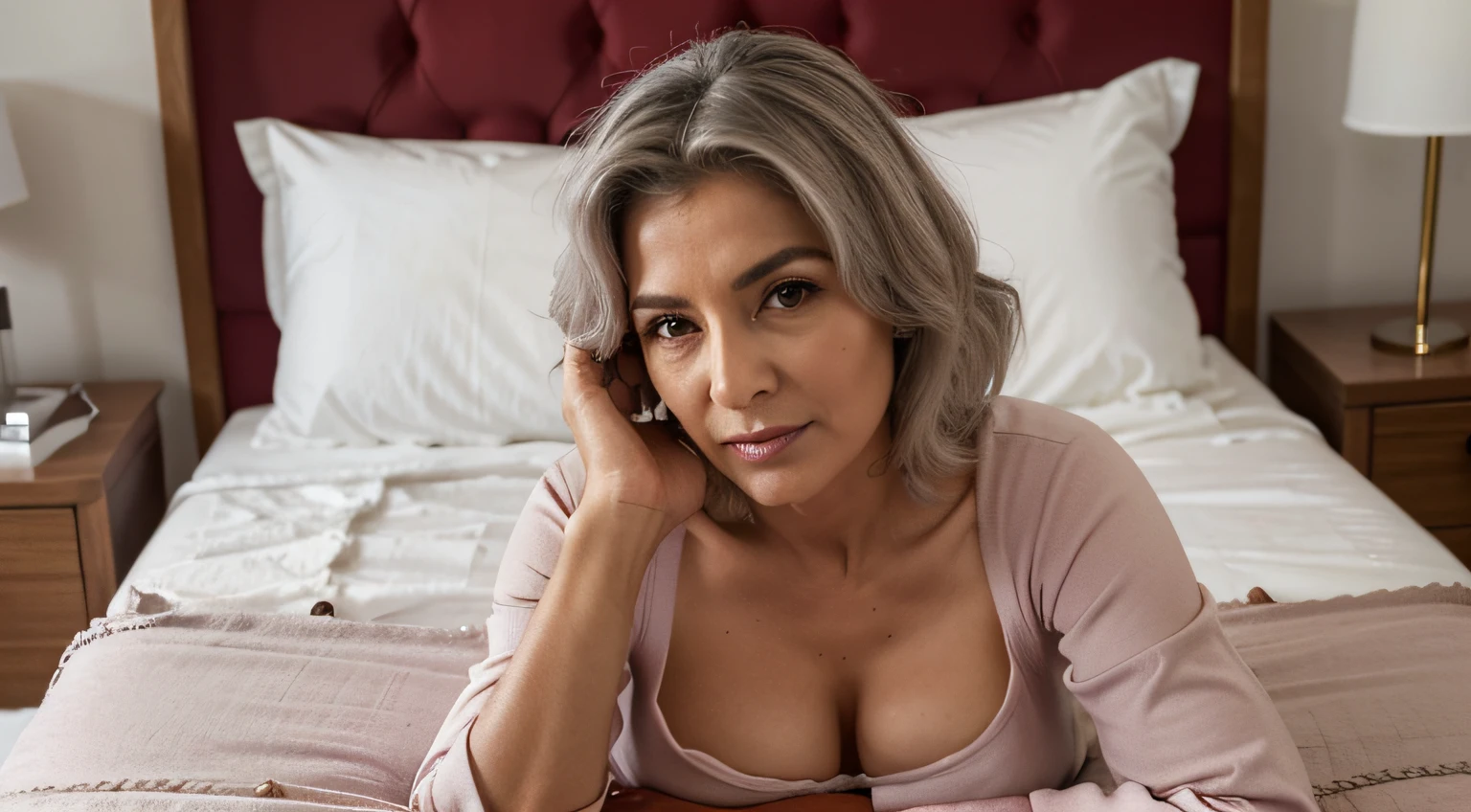 mulher madura, mulher com mais de 55 anos de idade, algumas rugas, cabelos grisalhos, deitada na cama, pijama, sexy, realismo, comfy clothes