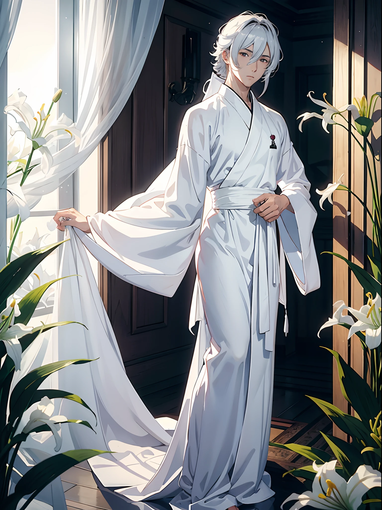 anime sexy man in white robe with long wide sleeves, transparent curtains, lilies, many lily flowers