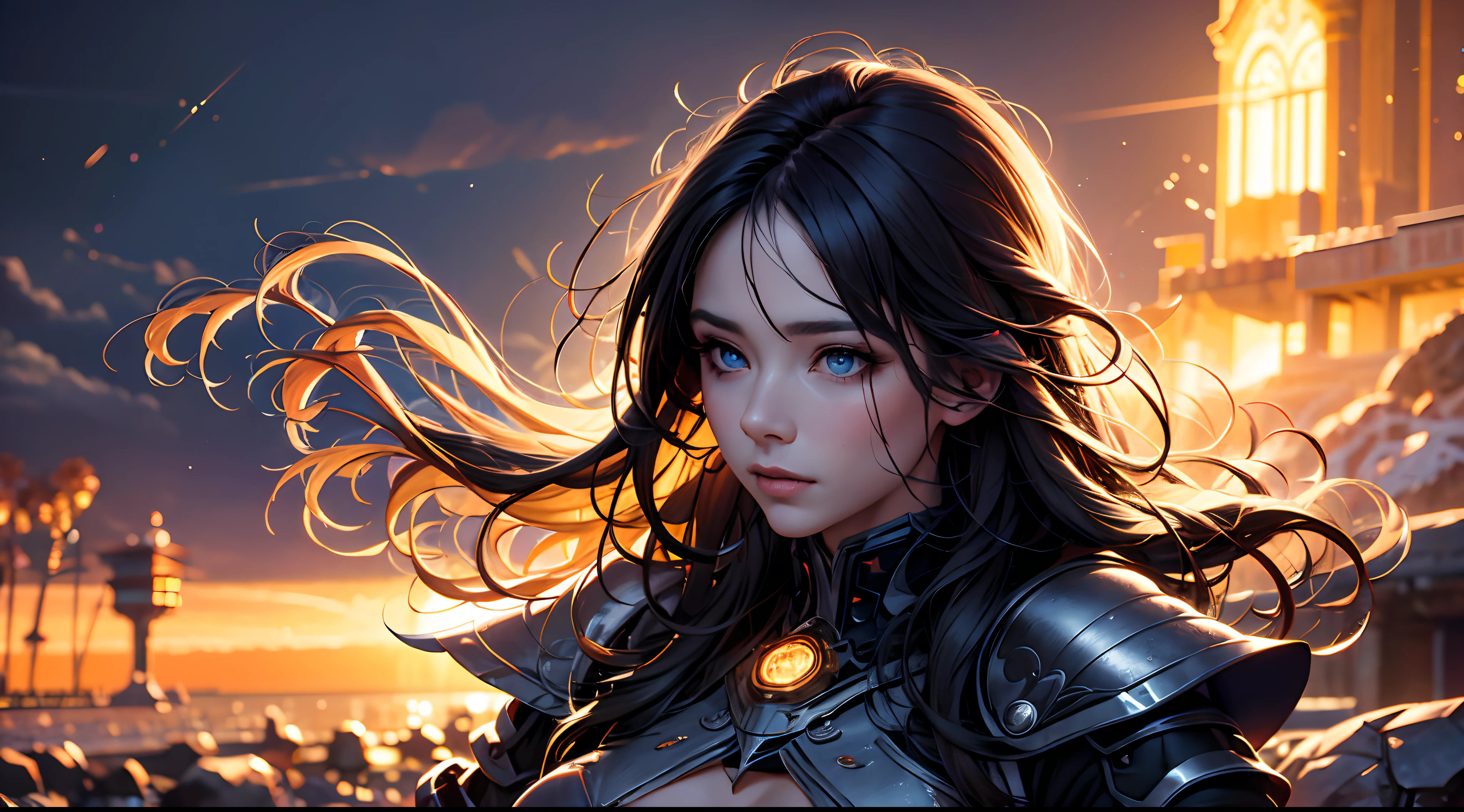 official art, unity 8k wallpaper, ultra detailed, masterpiece, best quality, 1 woman, (extremely detailed), dynamic angle, Mysterious expression, fire sparkle effect, fantasy background, rim lighting, side lighting, cinematic light, ultra high res, 8k uhd, film grain,best shadow, delicate, RAW, light particles, detailed skin texture, detailed armor texture, detailed face, intricate details, ultra detailed, bright, (realistic), ((black hair)), very glowing blue eyes, curvy