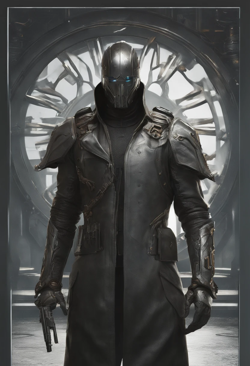 Visualize a male android, a striking fusion of human-like form and advanced machinery, standing in a post-apocalyptic wasteland. His sleek metallic body is both rugged and refined, reminiscent of iconic android characters from popular concept art. The android is dressed in a tattered, weather-worn duster coat, which flows dramatically in the wind. The coat, a patchwork of faded leather and aged fabric, exudes a sense of history and battle-tested experience. Beneath the coat, his sculpted, mechanical torso is visible, adorned with exposed gears and circuitry reminiscent of iconic cybernetic characters. These intricate details give him an air of technological sophistication. A broad-brimmed hat rests atop his head, casting his artificial face in shadow, just as popular android concept art often conceals facial features in mystery. Only one eye, a piercing blue light like those seen in renowned android designs, glows beneath the hat's shadow, conveying an aura of enigmatic determination. The lower half of his face is exposed, revealing a chiseled jawline and a set of mechanical lips. This juxtaposition of human and mechanical elements adds depth and intrigue to his appearance. One of his arms, an intricate masterpiece of polished chrome and intricate design, terminates in a hand that clutches a futuristic six-shooter. This weapon, with its intricate and ornate design, mirrors the iconic firearms often seen in cybernetic and android concept art. In this moment, amidst the desolation of the wasteland, the android stands as a captivating embodiment of popular android character concepts. The wind stirs his coat, creating a dynamic and visually arresting tableau. The Stranger is poised for action, a male android who captures the essence of technological prowess and mysterious determination.