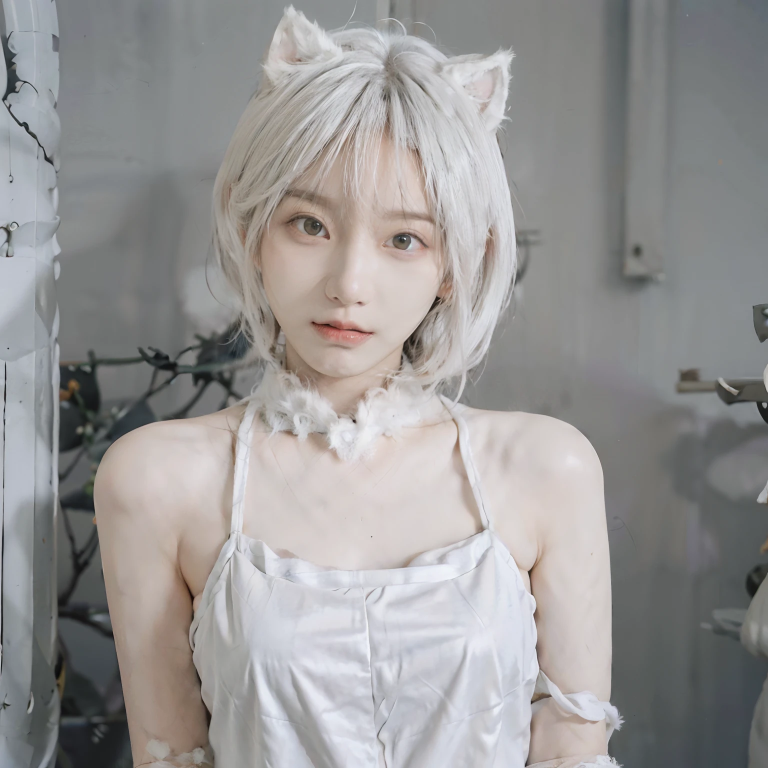 8K、(((Halloween atmosphere)))、(White underwear)、(sexy  pose)、(((White hair color))) 、pumpkins、undersized head、Best Quality, 超A high resolution, (Realism: 1.4), Realistic Photos, (True skin texture: 1.3), Beautiful eyes and face details, masutepiece, Best Quality, bob cuts、18year old、(((White cat ears)))