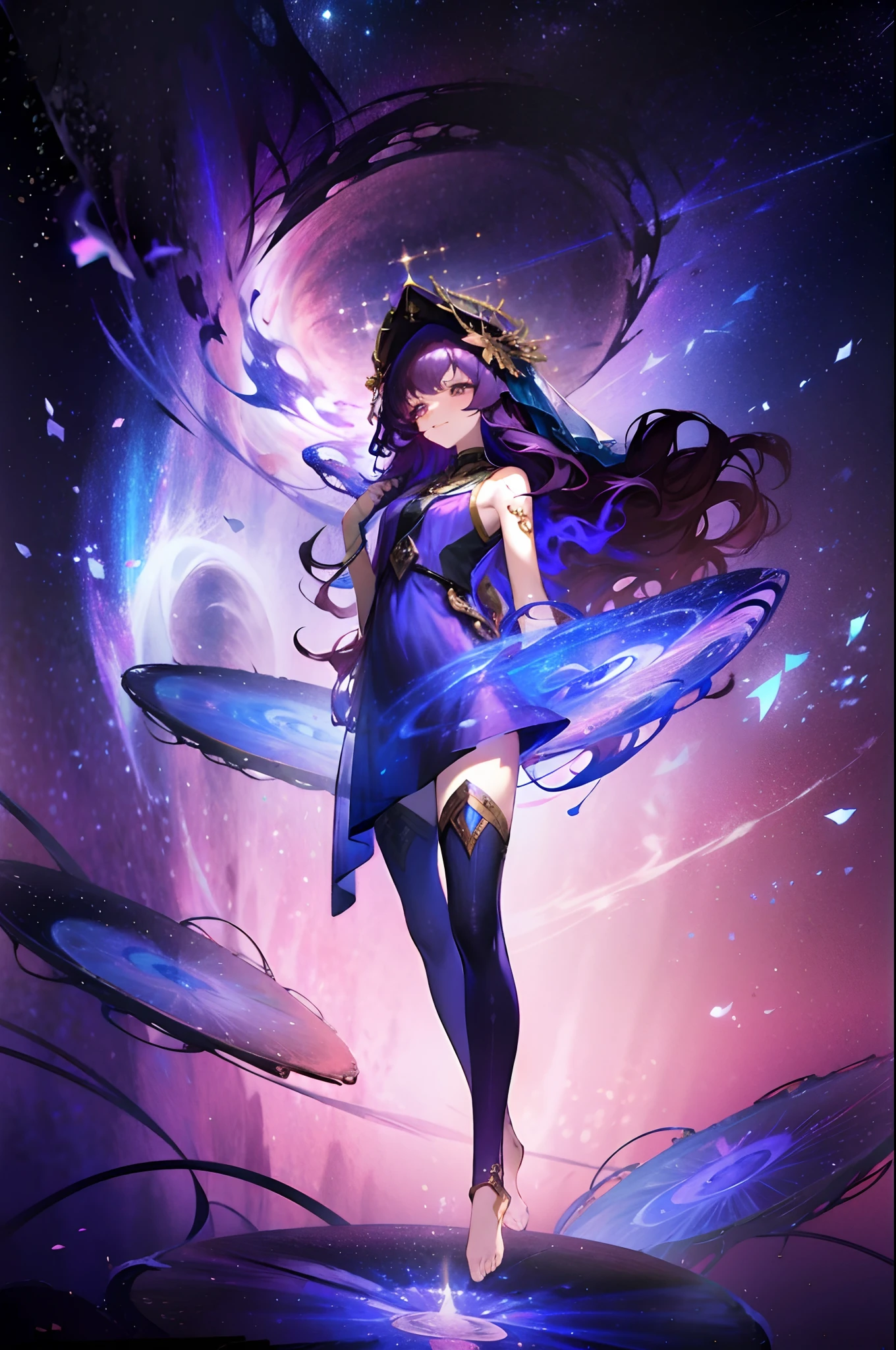 Masterpiece, dreamlike art, 8k, best quality, 1 girl, solo, veil, goddess of the void, celestial body, sparkling violet hair, dark multicoloured hair, wavy long hair with tubes, divine demeanor, smirk, gorgeous girl, young lady, sleeveless showy starry tunic, cute hair accessories, lots of hair accessories fit of a goddess, barefoot, detailed cool legwear, gold headwear