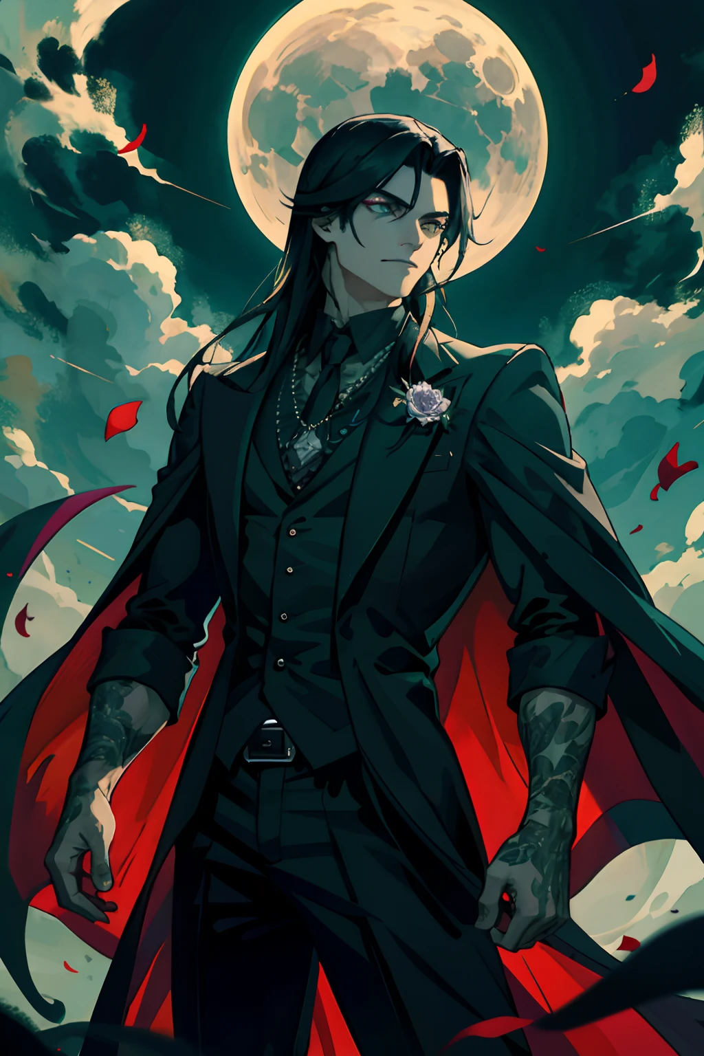 Masterpiece, Best Quality, 1 male, grown up,  l vampire, bloodthirsty, tall, muscular, guapo, finely detailed eyes, intricate details,  long black hair, green colored eyes, intricate details, phantasy, the night, (dark themed), The lighting is cinematic, colourful, Portrait, Flying petal, Flowering meadow, cloudy skies, building, luna, light, dutch angle, cowboy shoot