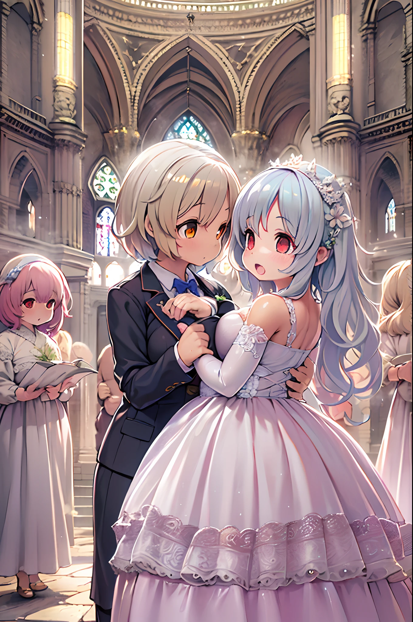 High resolution, Best Quality, masutepiece, Ultra high definition, Ultra high definition, .。.3D, Anime, Illustration, In a church、wedding hall、Two women in wedding dresses、2girls，girl1：bbw、huge-breasted、、Chibi adorable，Black hair，Bob-cut hair，huging、stare、weddingdress、Girl 2：adolable，A pink-haired，Long grey hair，huge-breasted、huging、stare、weddingdress、Chibi