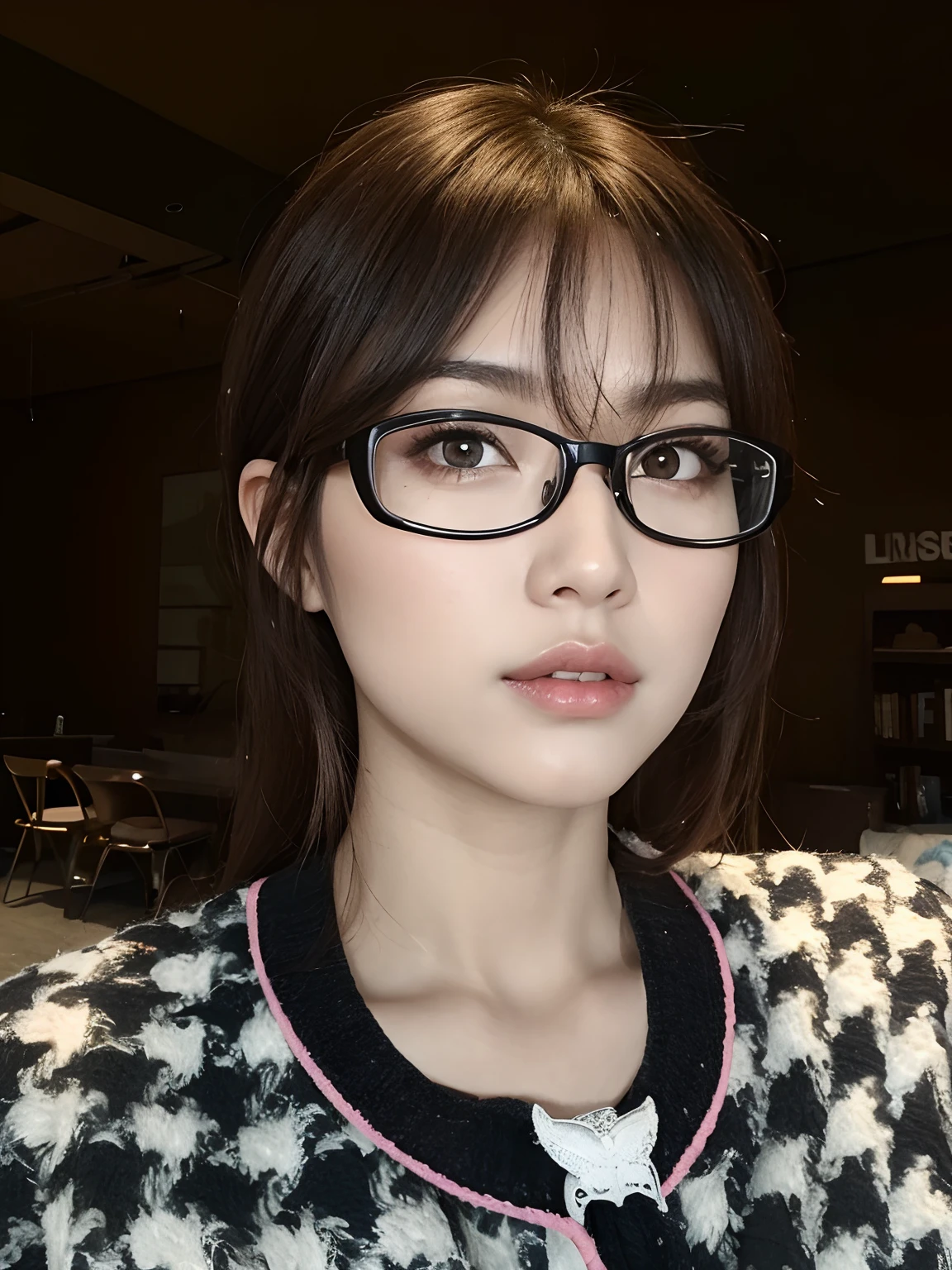 a close-up of a woman wearing glasses and a plaid shirt, with square glasses, wearing square glasses, clear lips and high quality, With eye Glasses, wearing thin large round glasses, linda Delphine, bespectacled, rosto bonito claro, vidros, wearing black frame glasses, Ulzzang, Eyeglasses, thick glasses, glasses, Yanjun Chengt