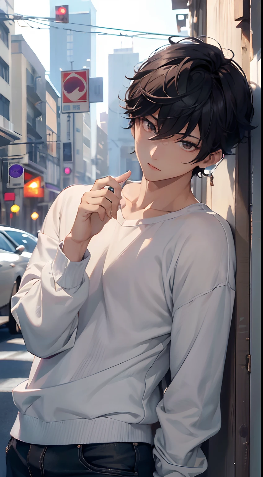 (absurderes、A high resolution、ultra - detailed、NFFSW)、tmasterpiece、top-quality、Libido boy、独奏、A handsome、short detailed hair、whaite hair、finely eye and detailed face、Casual clothing、Real shadows、joy、Connect the ears、The upper part of the body、blur backgroun、
