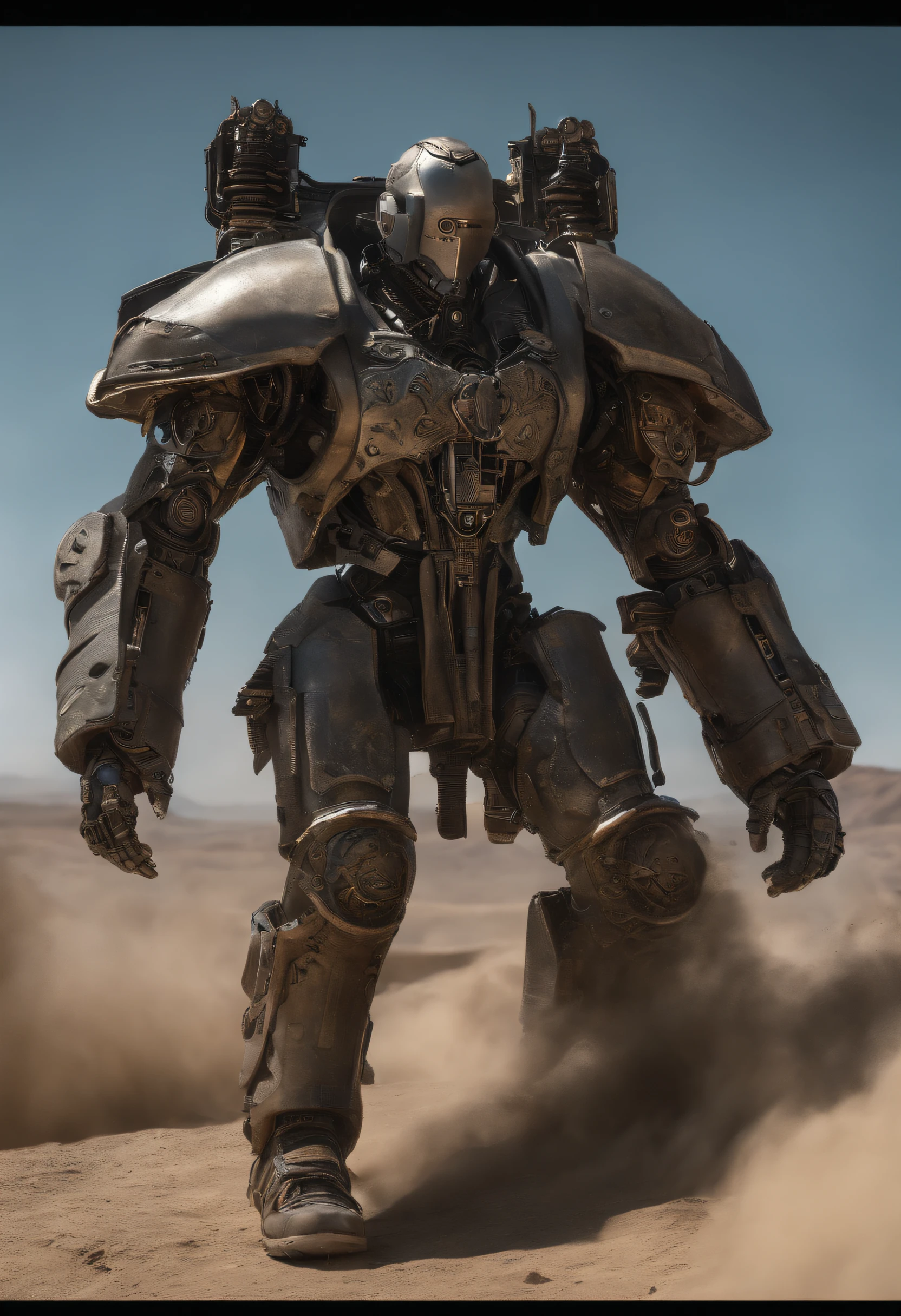 Visualize a male android, a striking fusion of human-like form and advanced machinery, standing in a post-apocalyptic wasteland. His sleek metallic body is both rugged and refined, reminiscent of iconic android characters from popular concept art. The android is dressed in a tattered, weather-worn duster coat, which flows dramatically in the wind. The coat, a patchwork of faded leather and aged fabric, exudes a sense of history and battle-tested experience. Beneath the coat, his sculpted, mechanical torso is visible, adorned with exposed gears and circuitry reminiscent of iconic cybernetic characters. These intricate details give him an air of technological sophistication. A broad-brimmed hat rests atop his head, casting his artificial face in shadow, just as popular android concept art often conceals facial features in mystery. Only one eye, a piercing blue light like those seen in renowned android designs, glows beneath the hat's shadow, conveying an aura of enigmatic determination. The lower half of his face is exposed, revealing a chiseled jawline and a set of mechanical lips. This juxtaposition of human and mechanical elements adds depth and intrigue to his appearance. One of his arms, an intricate masterpiece of polished chrome and intricate design, terminates in a hand that clutches a futuristic six-shooter. This weapon, with its intricate and ornate design, mirrors the iconic firearms often seen in cybernetic and android concept art. In this moment, amidst the desolation of the wasteland, the android stands as a captivating embodiment of popular android character concepts. The wind stirs his coat, creating a dynamic and visually arresting tableau. The Stranger is poised for action, a male android who captures the essence of technological prowess and mysterious determination.